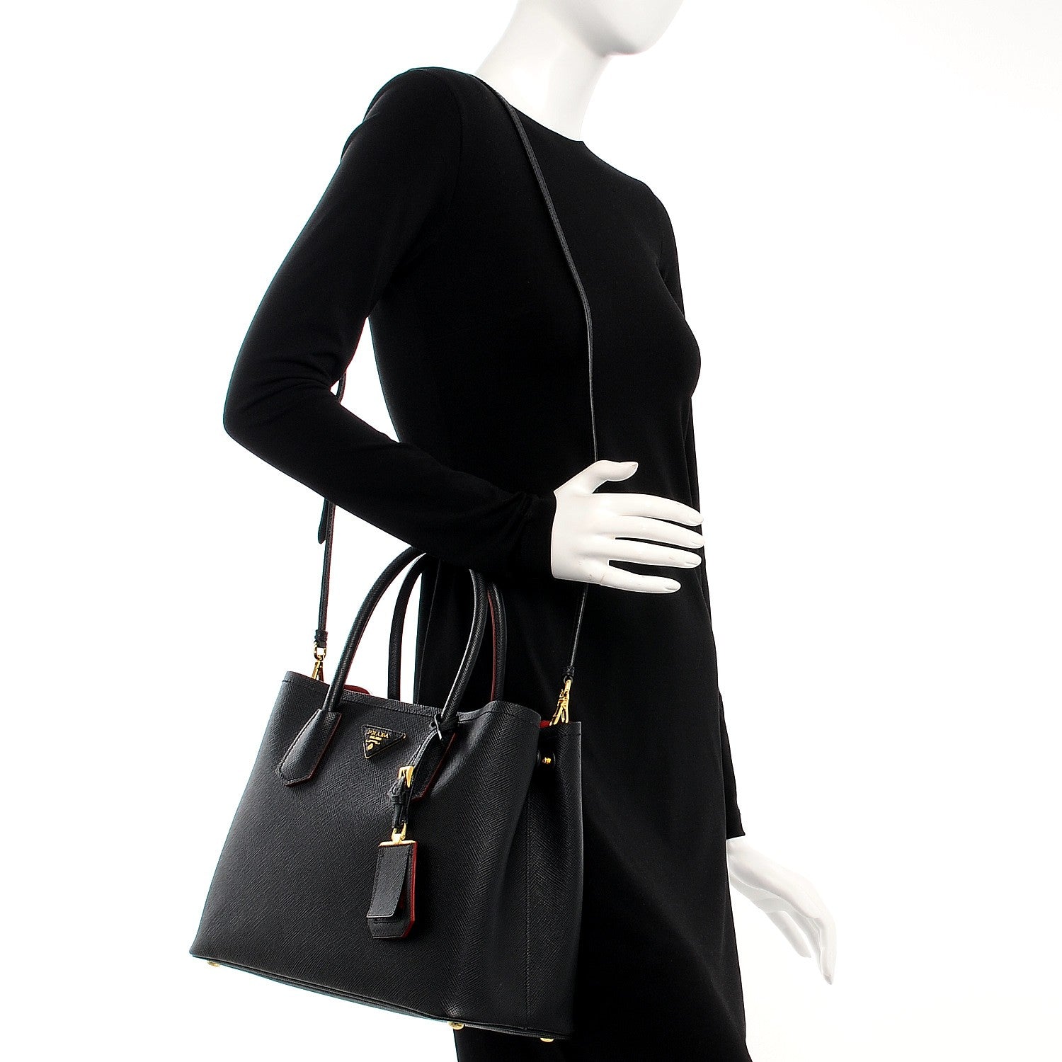 Prada Saffiano Cuir Medium Double Bag Black Fuoco 2 of 7