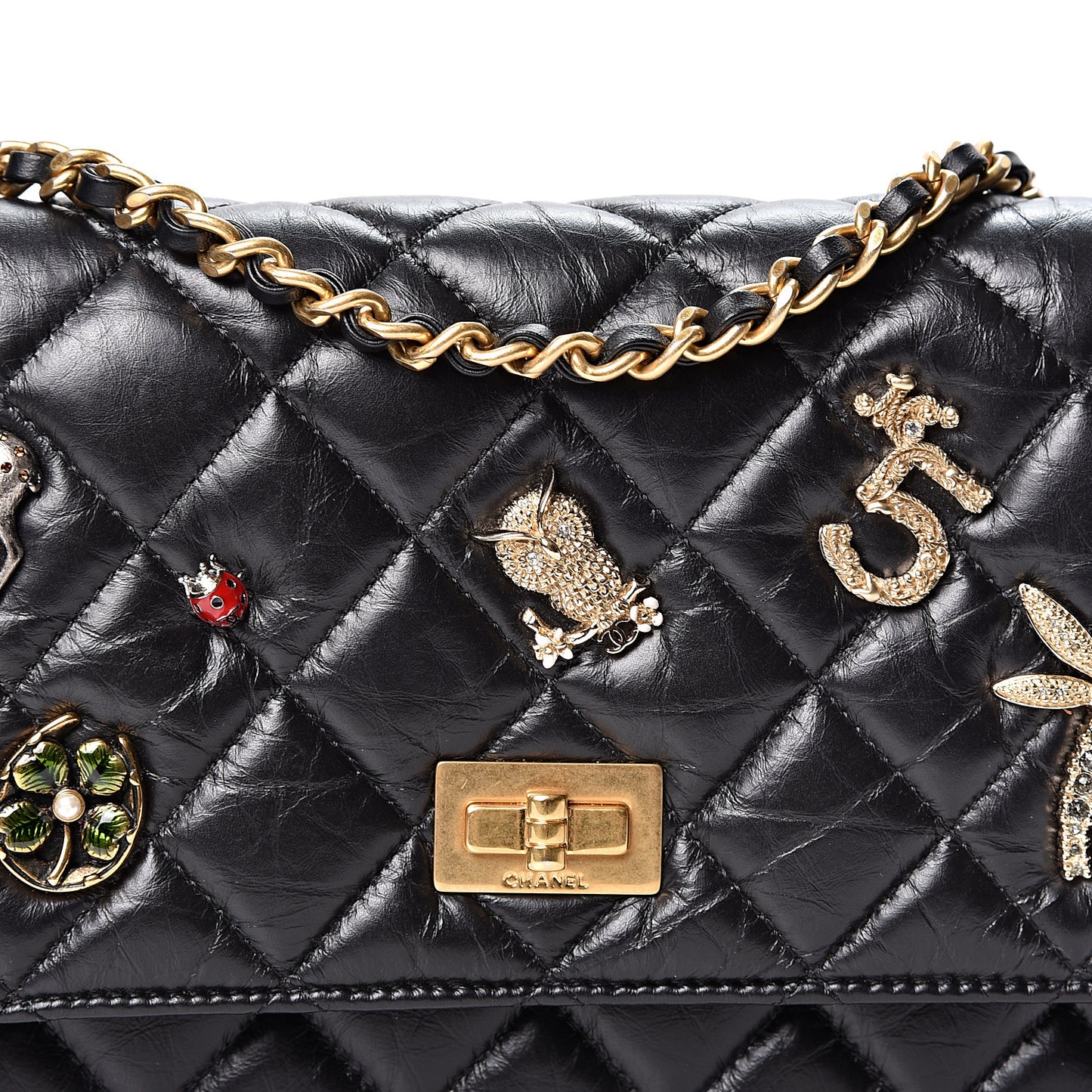 Aged Calfskin Quilted Lucky Charms 2.55 Reissue Wallet On Chain WOC Black