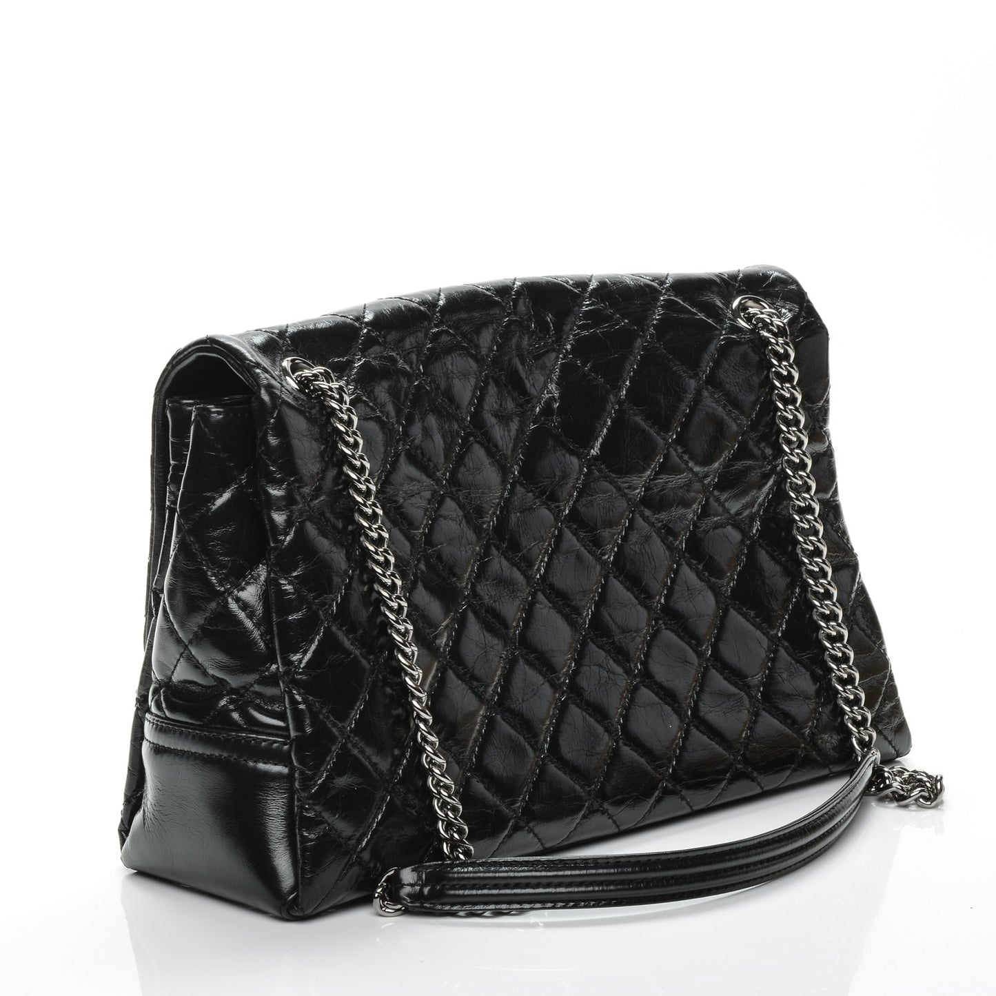 Glazed Calfskin Quilted Large Lady Pearly Flap Black
