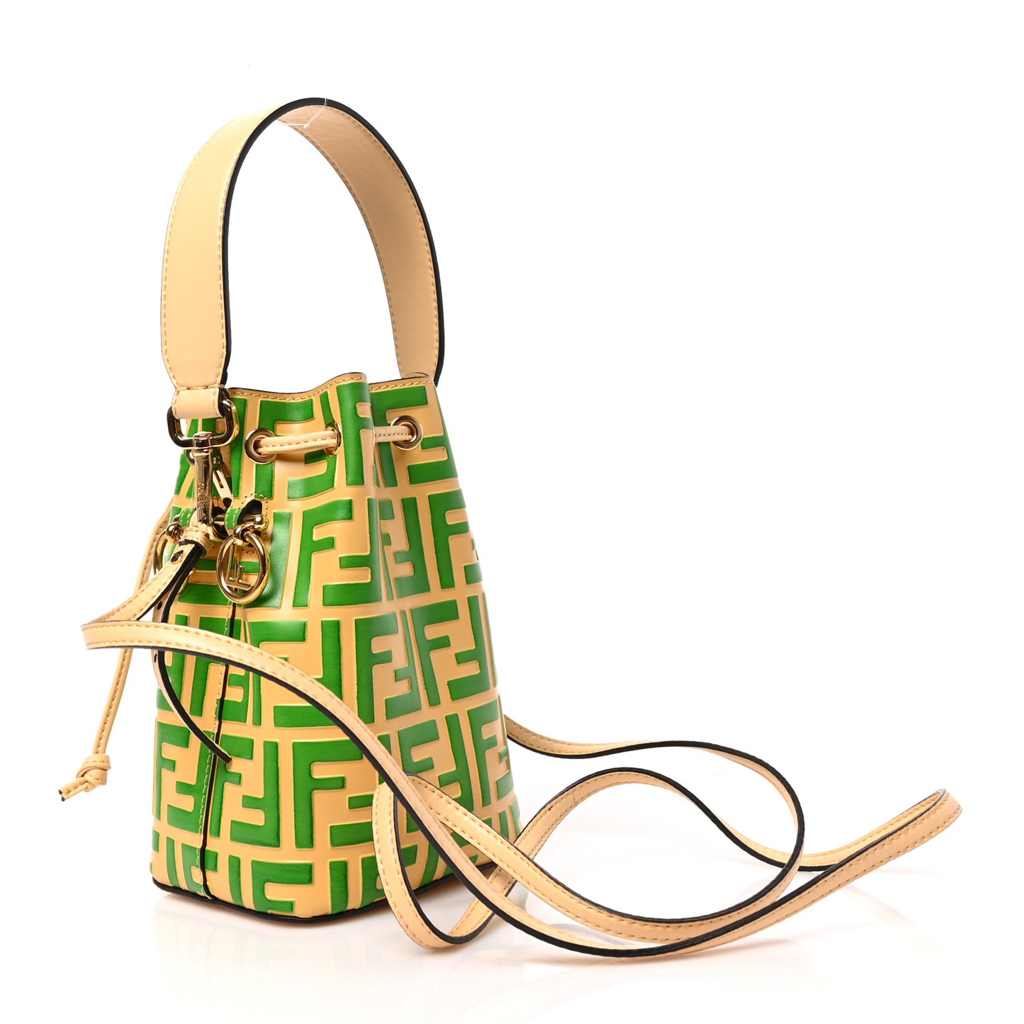 Vitello Liberty F is Fendi Bi-Color FF 1974 Embossed Mini Mon Tresor Bucket Bag Paglia Tomatillo