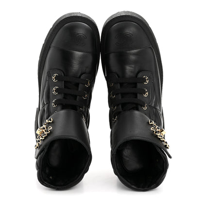 Chanel Lambskin Calfskin Quilted Lace Up Combat Boots 38 Black 2 of 10