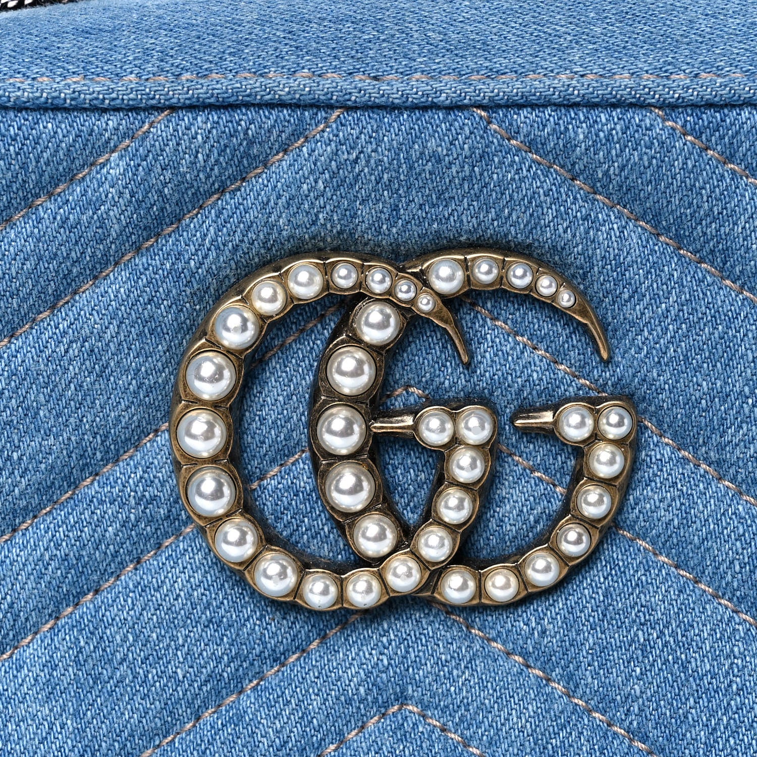 Gucci Denim Matelasse Small Pearly GG Marmont Chain Shoulder Bag Blue 9 of 12