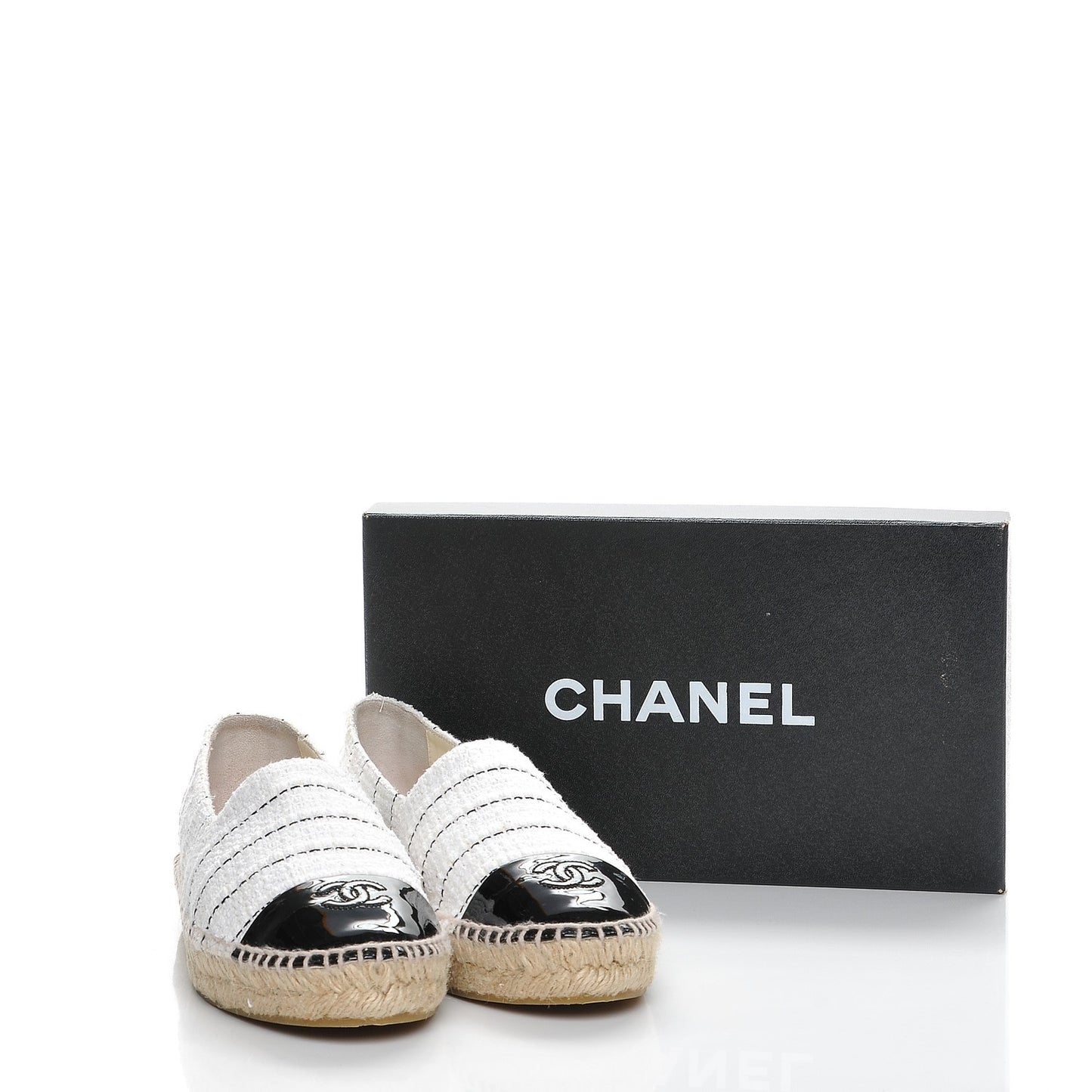 Tweed Patent Calfskin CC Espadrilles 41 White Black