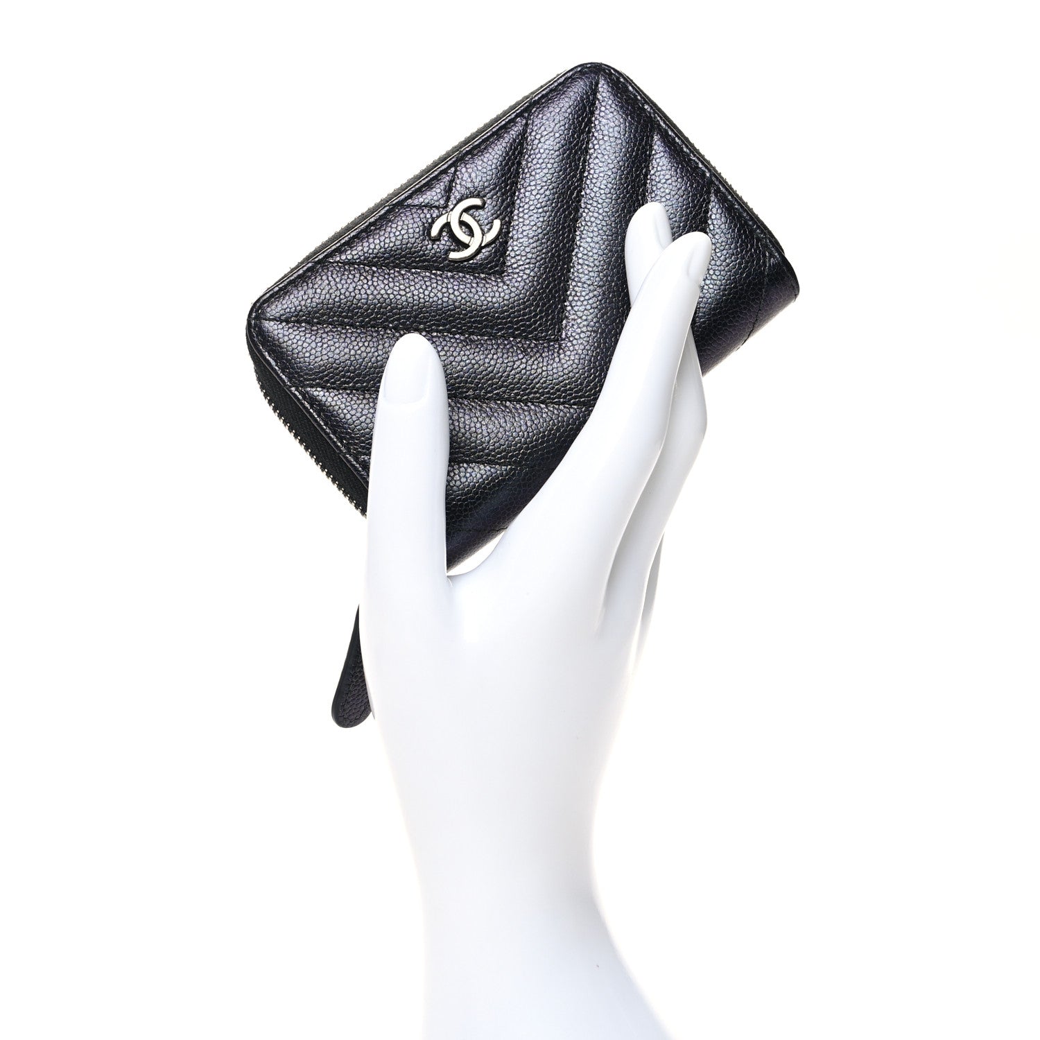 Chanel Iridescent Caviar Chevron Quilted Zip Around Coin Purse Black 2 of 11