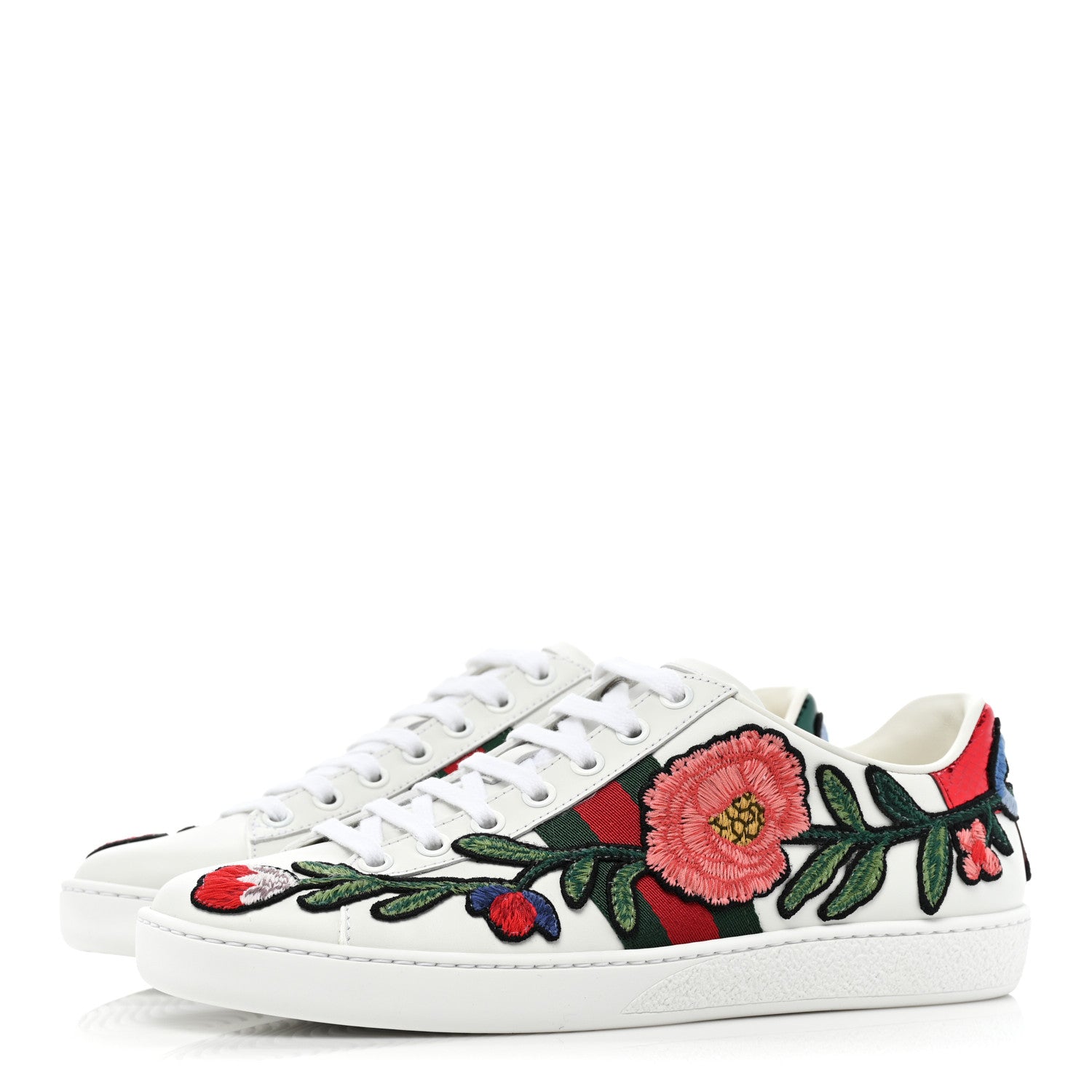 Gucci Calfskin Web Floral Embroidered Womens Ace Sneakers 37 White 3 of 10
