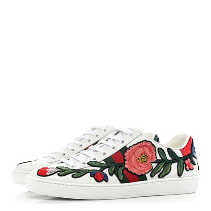 Gucci Calfskin Web Floral Embroidered Womens Ace Sneakers 37 White 3 of 10