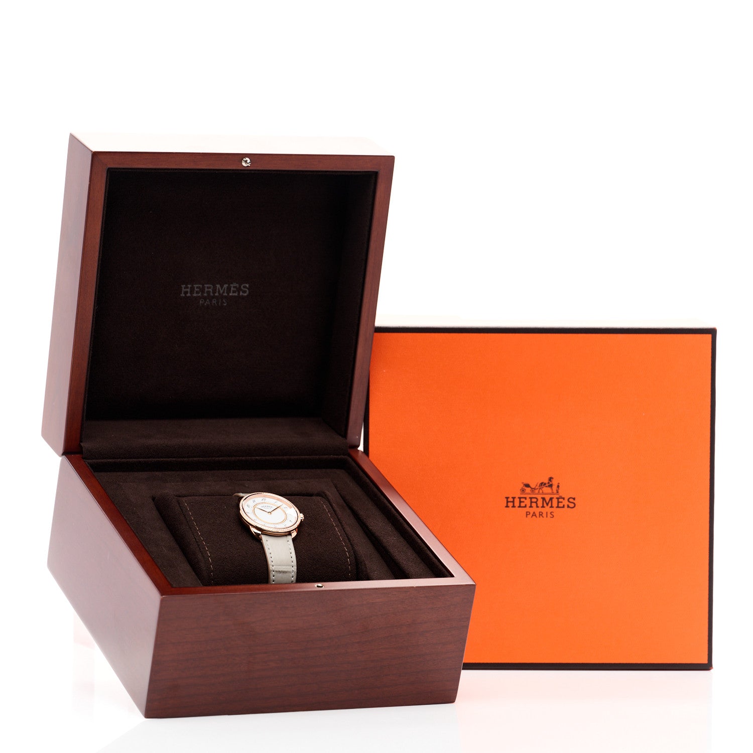 Hermes 18K Rose Gold Alligator Diamond Bezel 30mm Arceau Quartz Watch Gris Perle 5 of 5