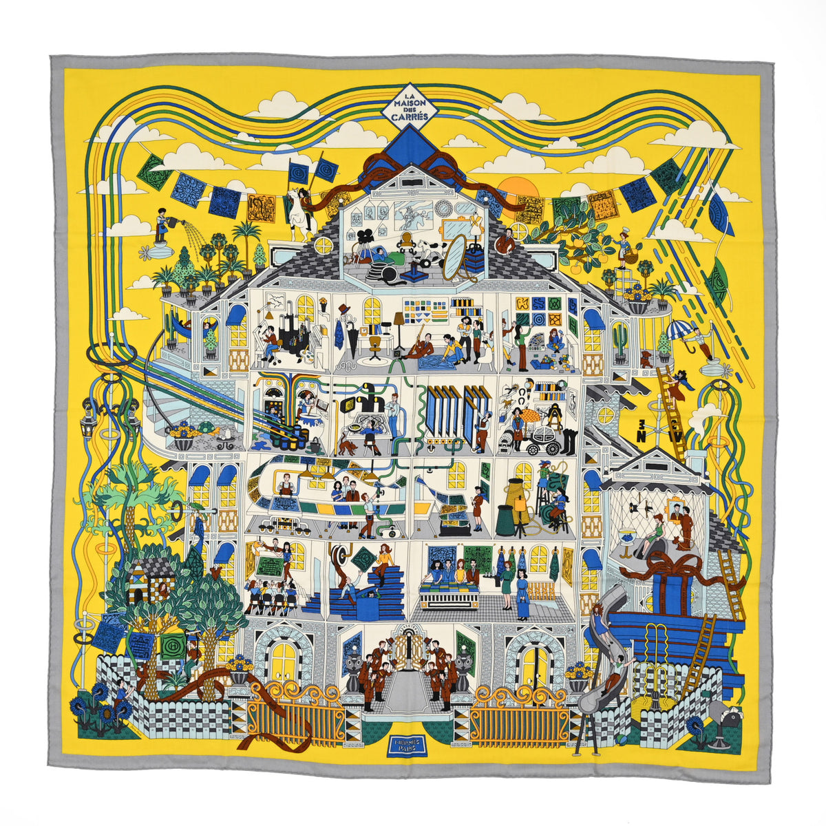 Hermes Cashmere Silk La Maison des Carres Shawl 140 Jaune Vif Bleu Vert 1 of 3
