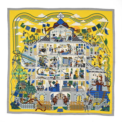 Hermes Cashmere Silk La Maison des Carres Shawl 140 Jaune Vif Bleu Vert 1 of 3