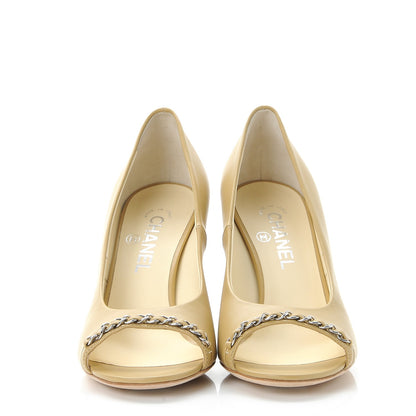 Chanel Calfskin Peep Toe CC Pumps 39.5 Beige 2 of 10
