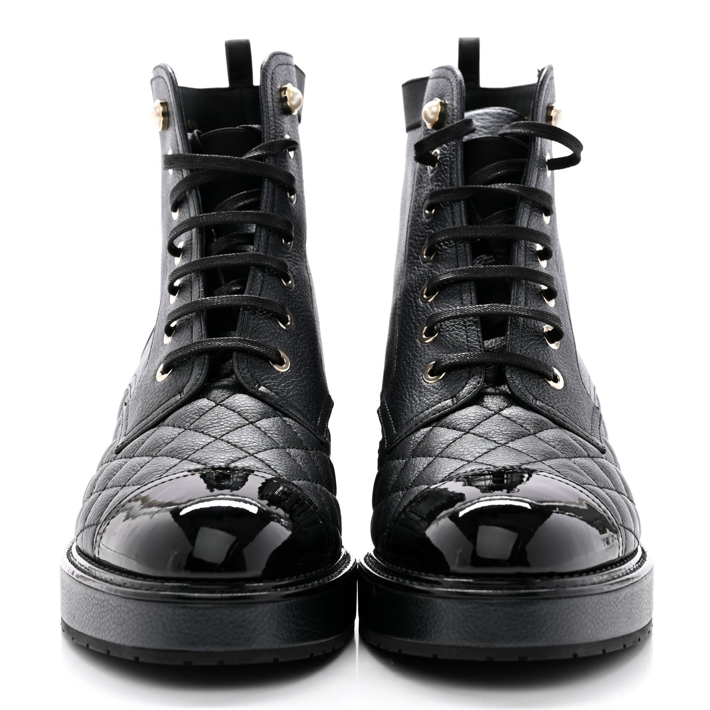 Pearly Calfskin Patent Calfskin Lace Up Combat Boots 40.5 Black