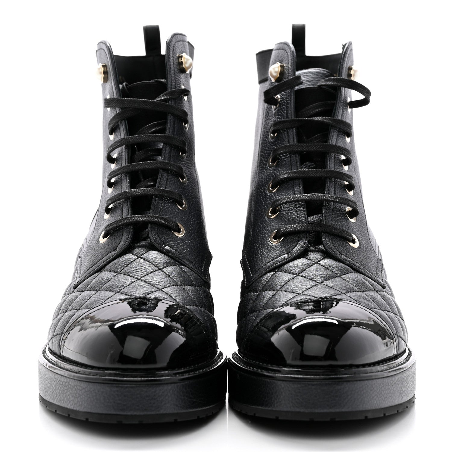 Chanel Pearly Calfskin Patent Calfskin Lace Up Combat Boots 40.5 Black 2 of 14