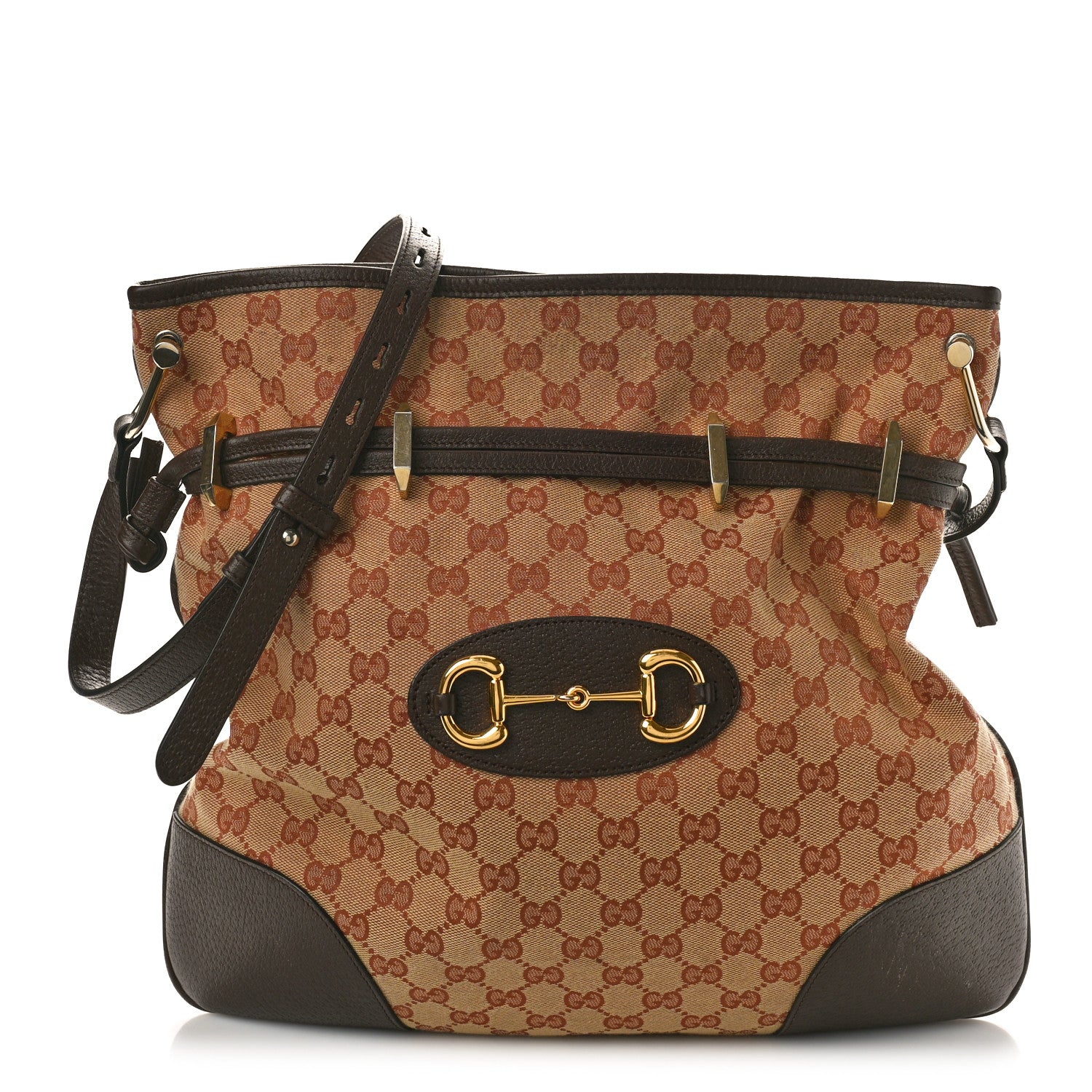 Gucci Monogram Textured Dollar Calfskin Horsebit 1955 Cinch Top Messenger Bag Beige Ebony Cocoa 1 of 12