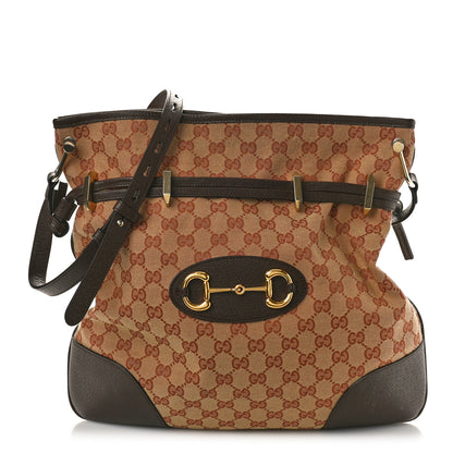 Gucci Monogram Textured Dollar Calfskin Horsebit 1955 Cinch Top Messenger Bag Beige Ebony Cocoa 1 of 12