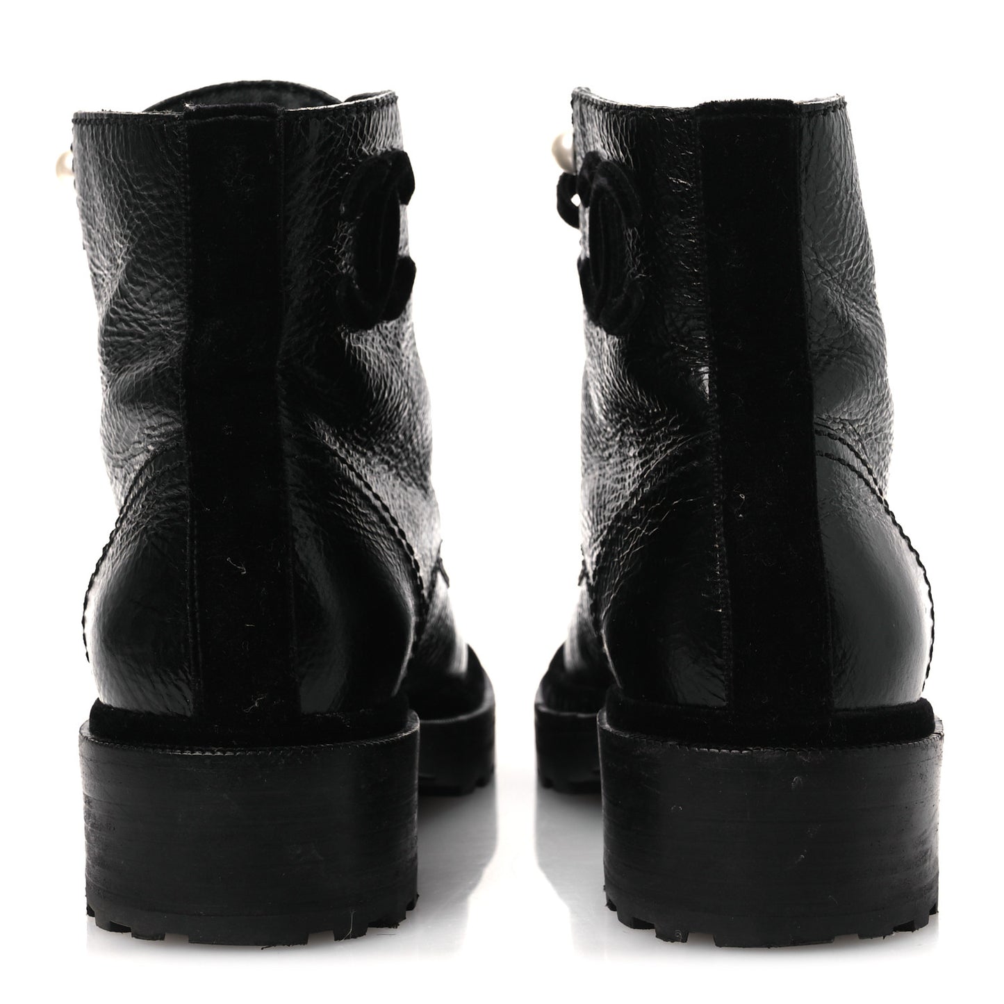 Shiny Calfskin Velvet Pearl Combat Short Boots 38 Black