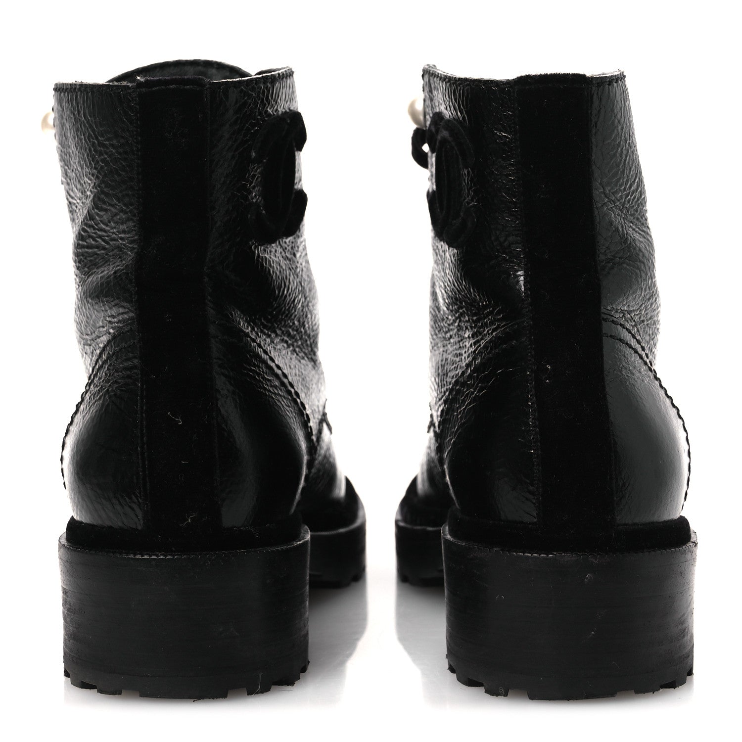 Chanel Shiny Calfskin Velvet Pearl Combat Short Boots 38 Black 6 of 14