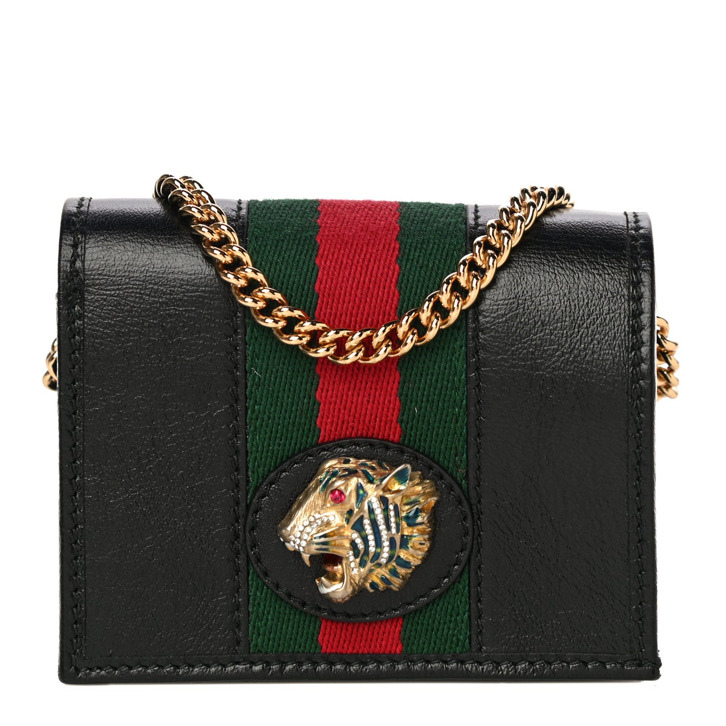 Calfskin Web Rajah Chain Card Case Wallet Black