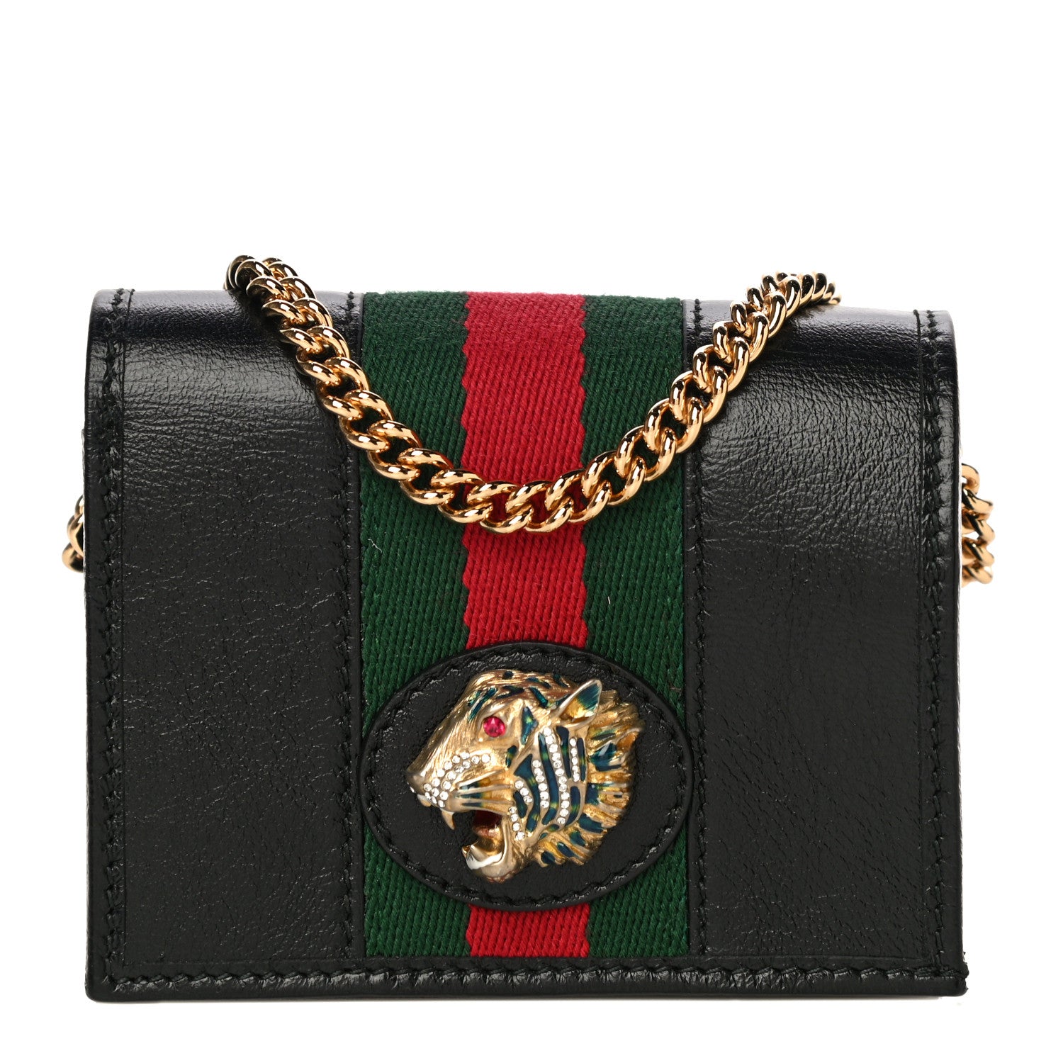 Gucci Calfskin Web Rajah Chain Card Case Wallet Black 1 of 11