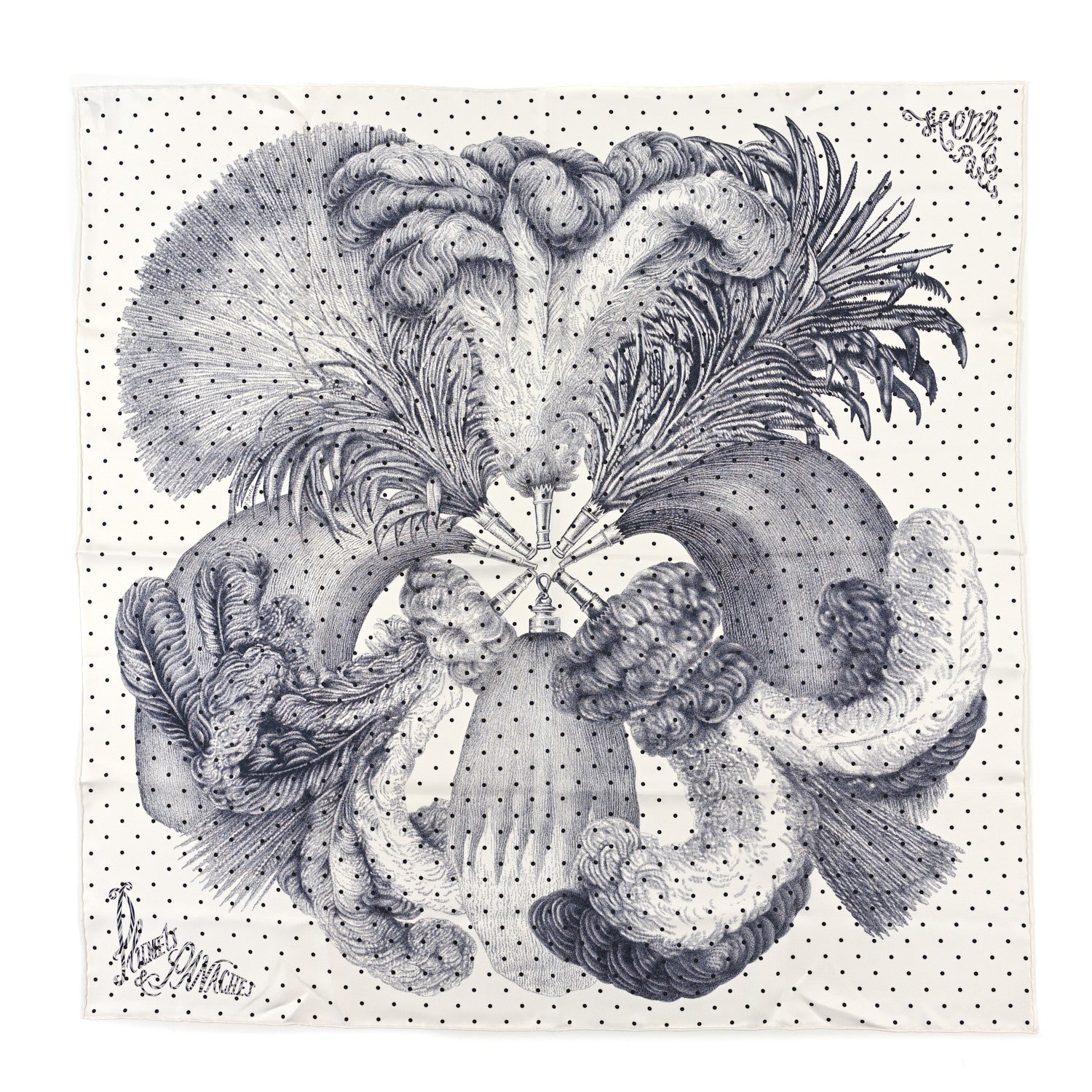 Hermes Silk Plumets Et Panaches Scarf 90 White Black Anthracite 1 of 3