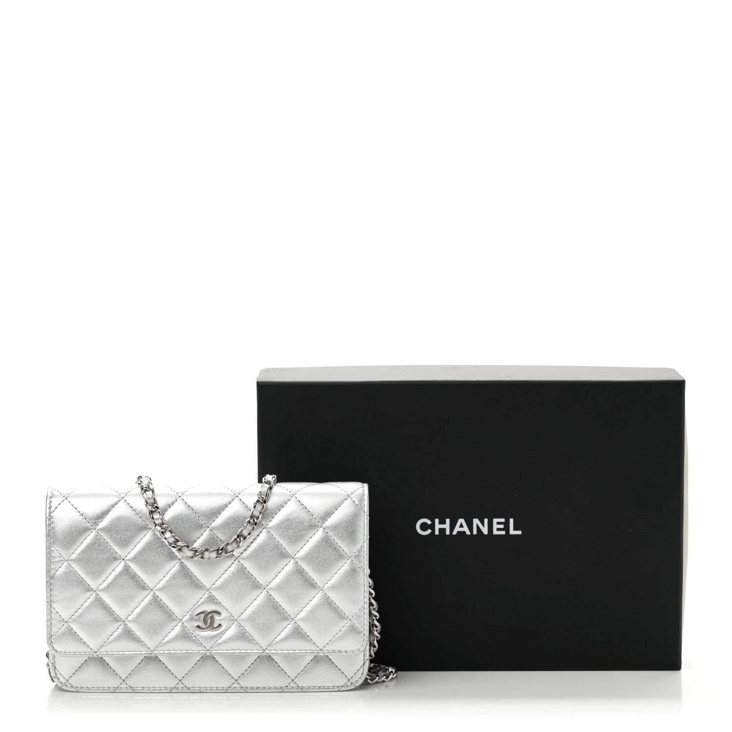 Chanel Metallic Lambskin Quilted Wallet On Chain WOC Silver
