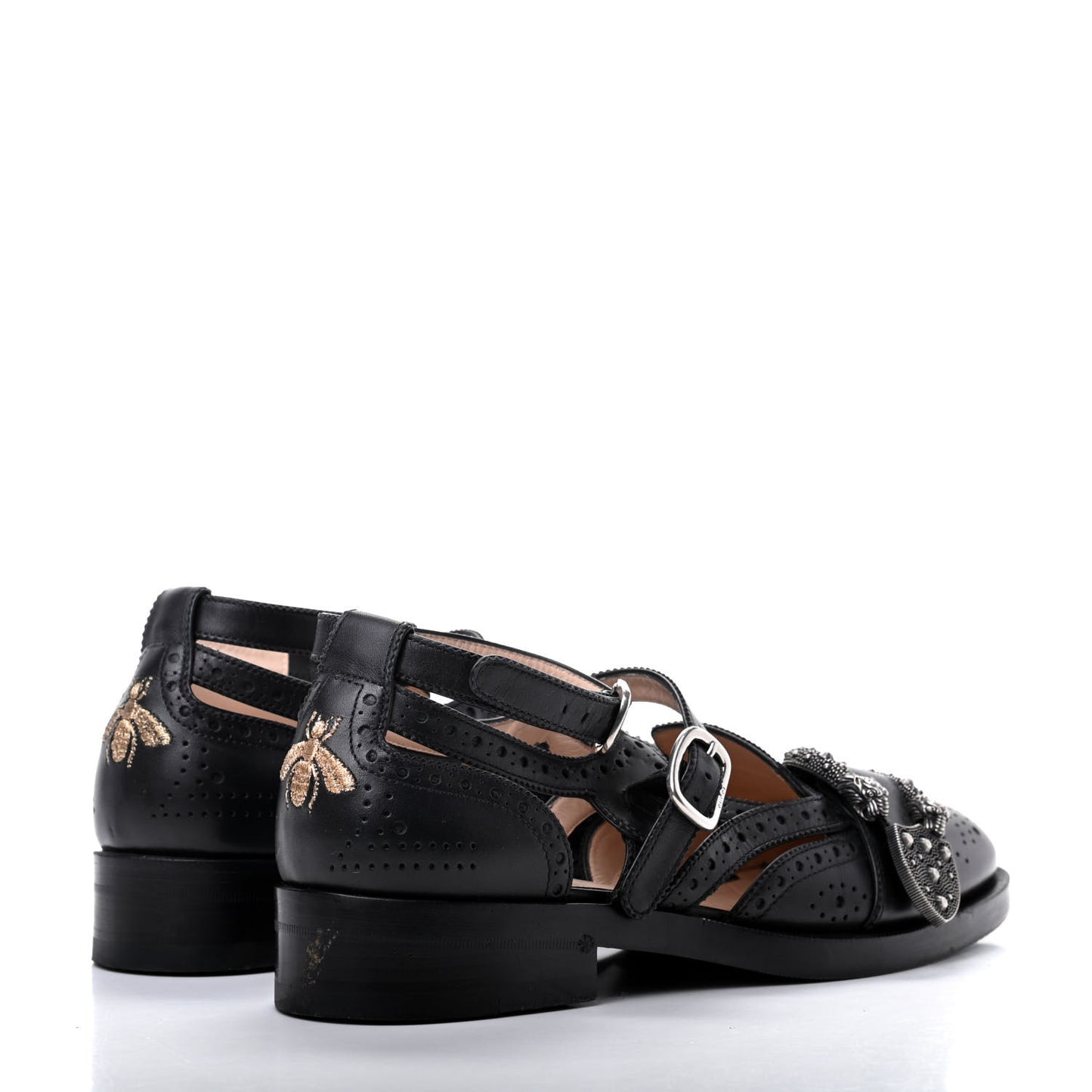 Calfskin Bee Embroidered Womens Queercore Brogue Wingtip Monk Strap Loafers 39 Black