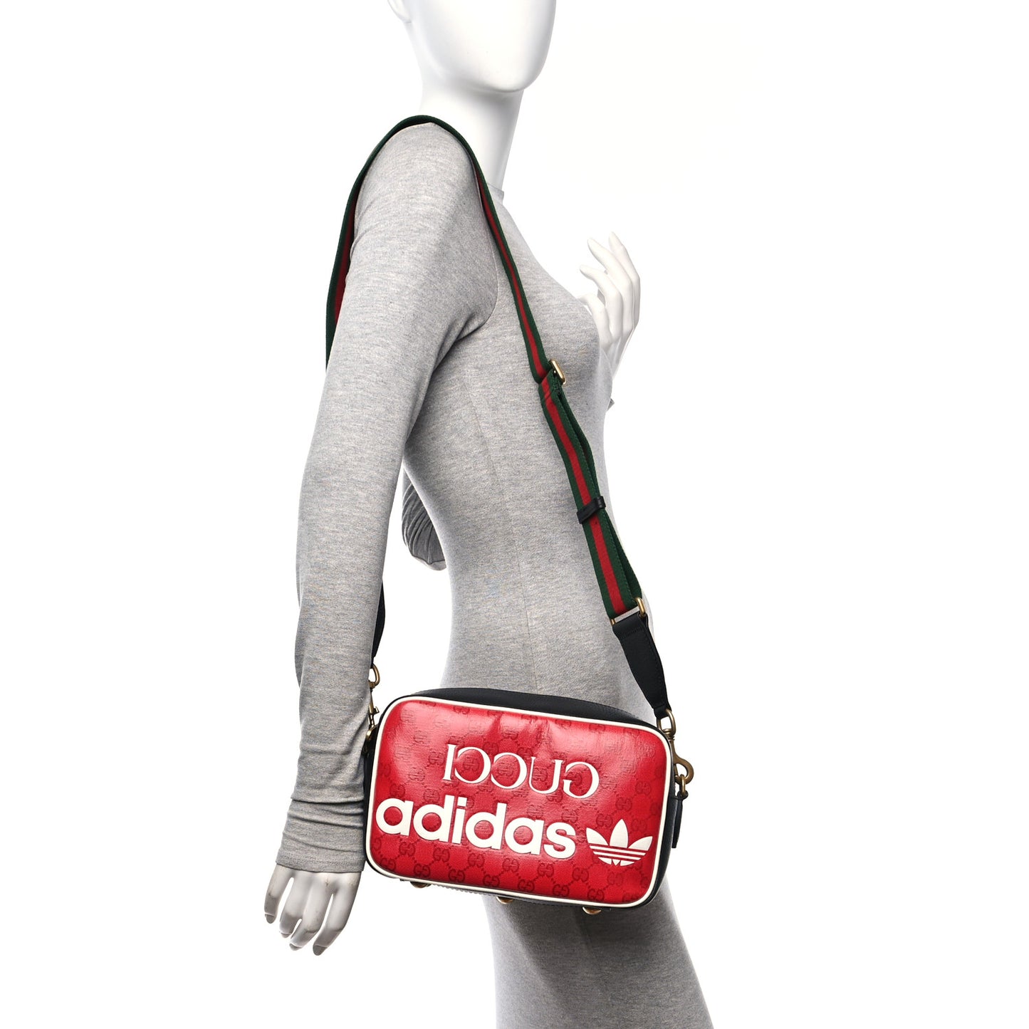 X ADIDAS Crystal Vintage Monogram Textured Dollar Calfskin Web Trefoil Logo Small Messenger Bag Hibiscus Red Off White Black