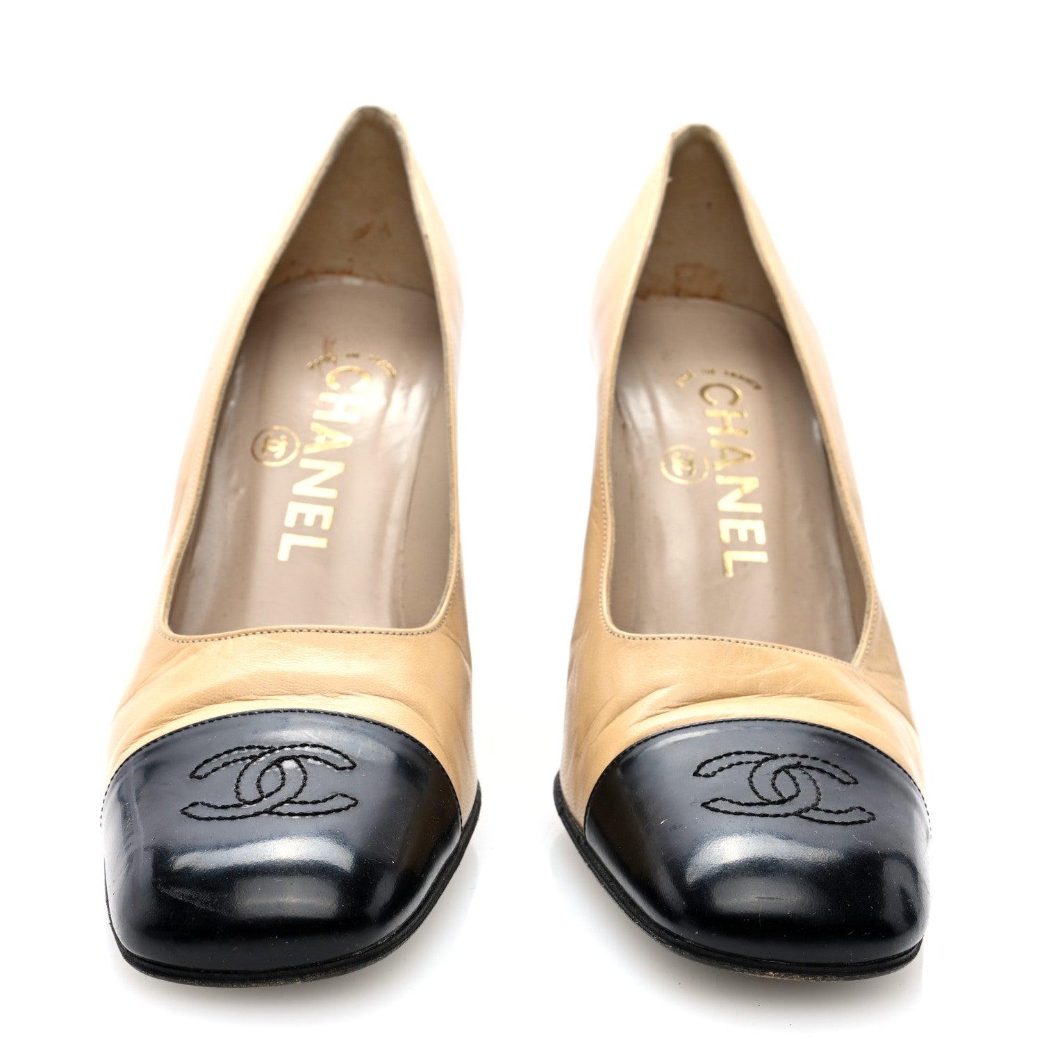 Chanel Lambskin Cap Toe CC Pumps 36.5 Beige Black 3 of 11