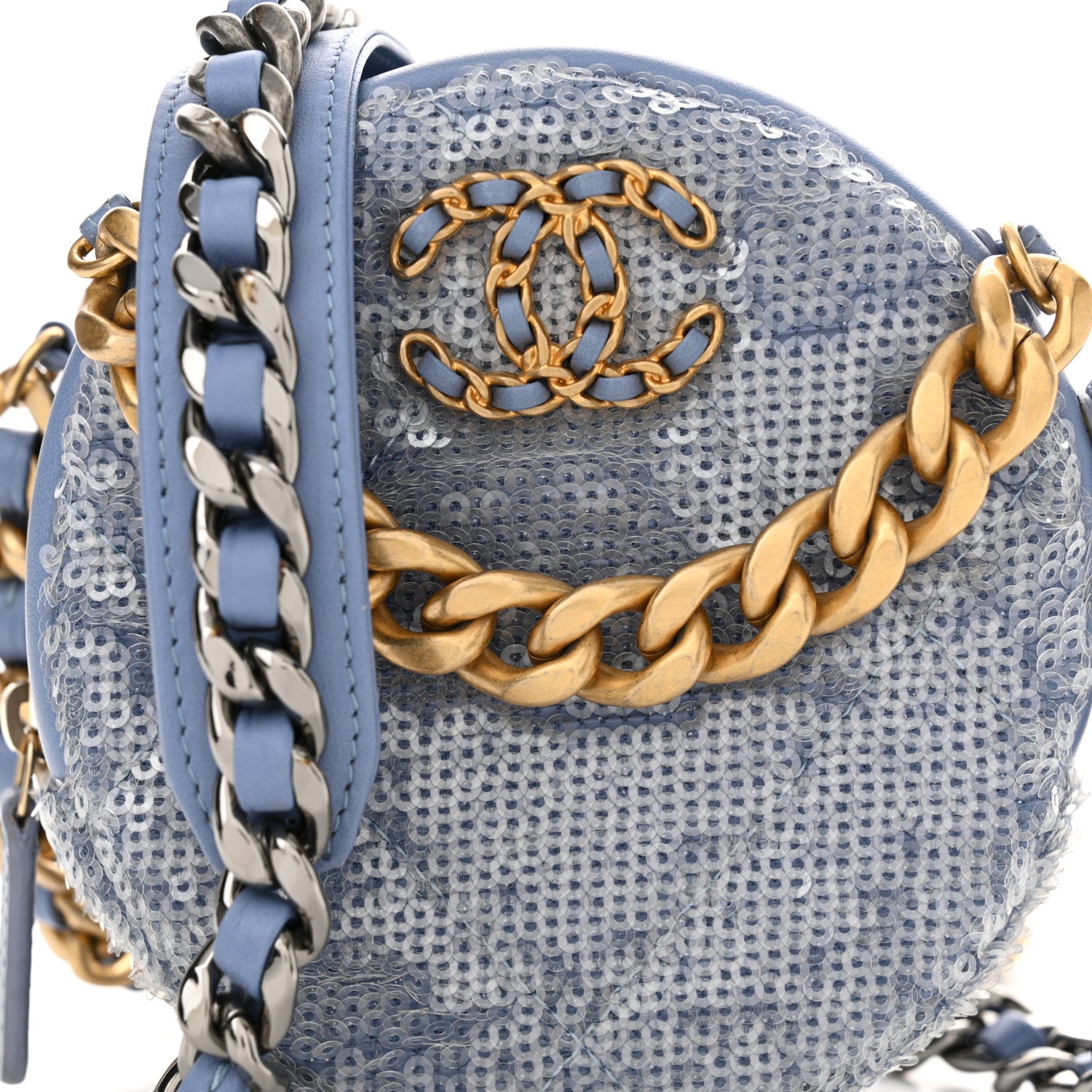 Chanel Sequin Chanel 19 Round Clutch With Chain Light Blue 8 of 10