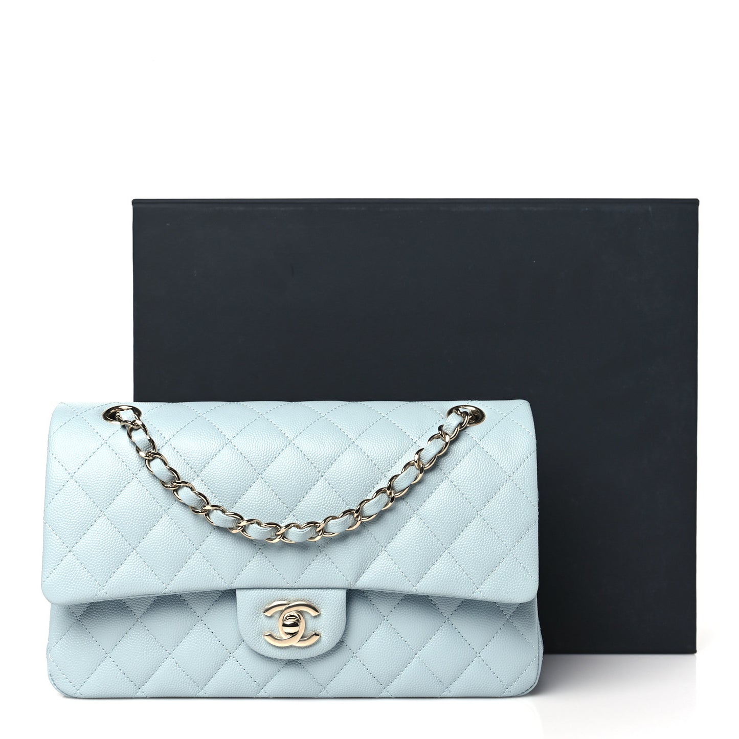 Caviar Quilted Medium Double Flap Light Blue