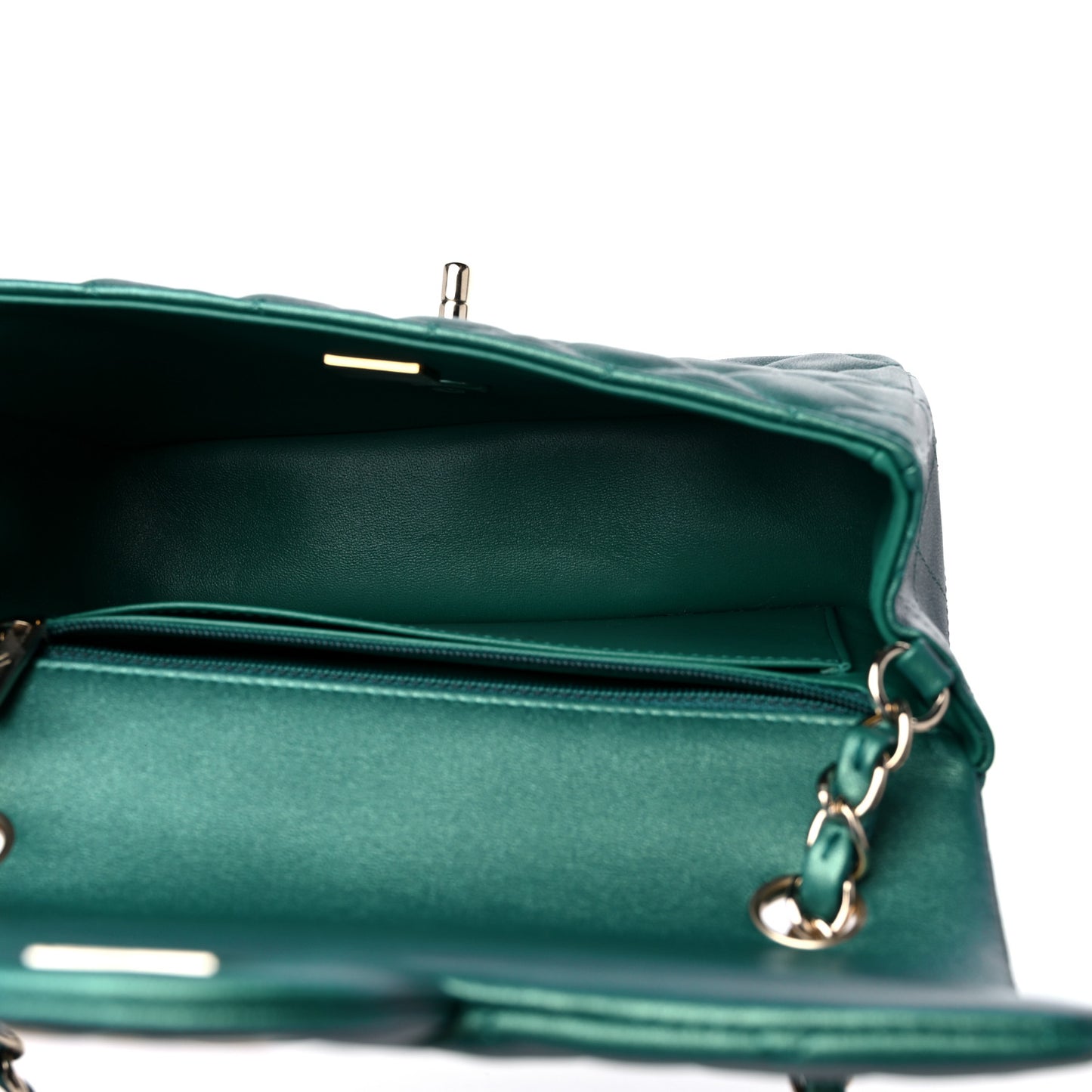 Iridescent Calfskin Quilted Mini Rectangular Flap Green