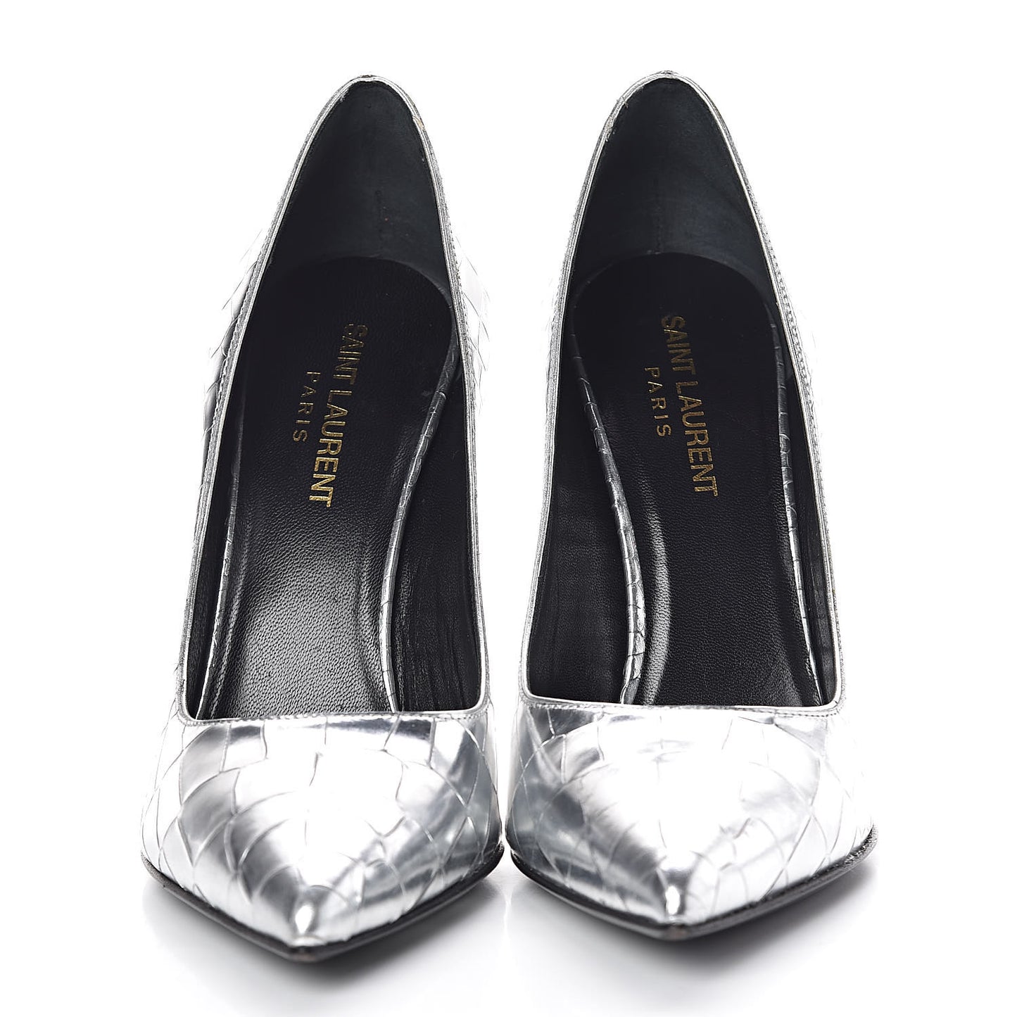 Metallic Calfskin Crocodile Embossed Paris 105 Pumps 37.5 Silver Moon