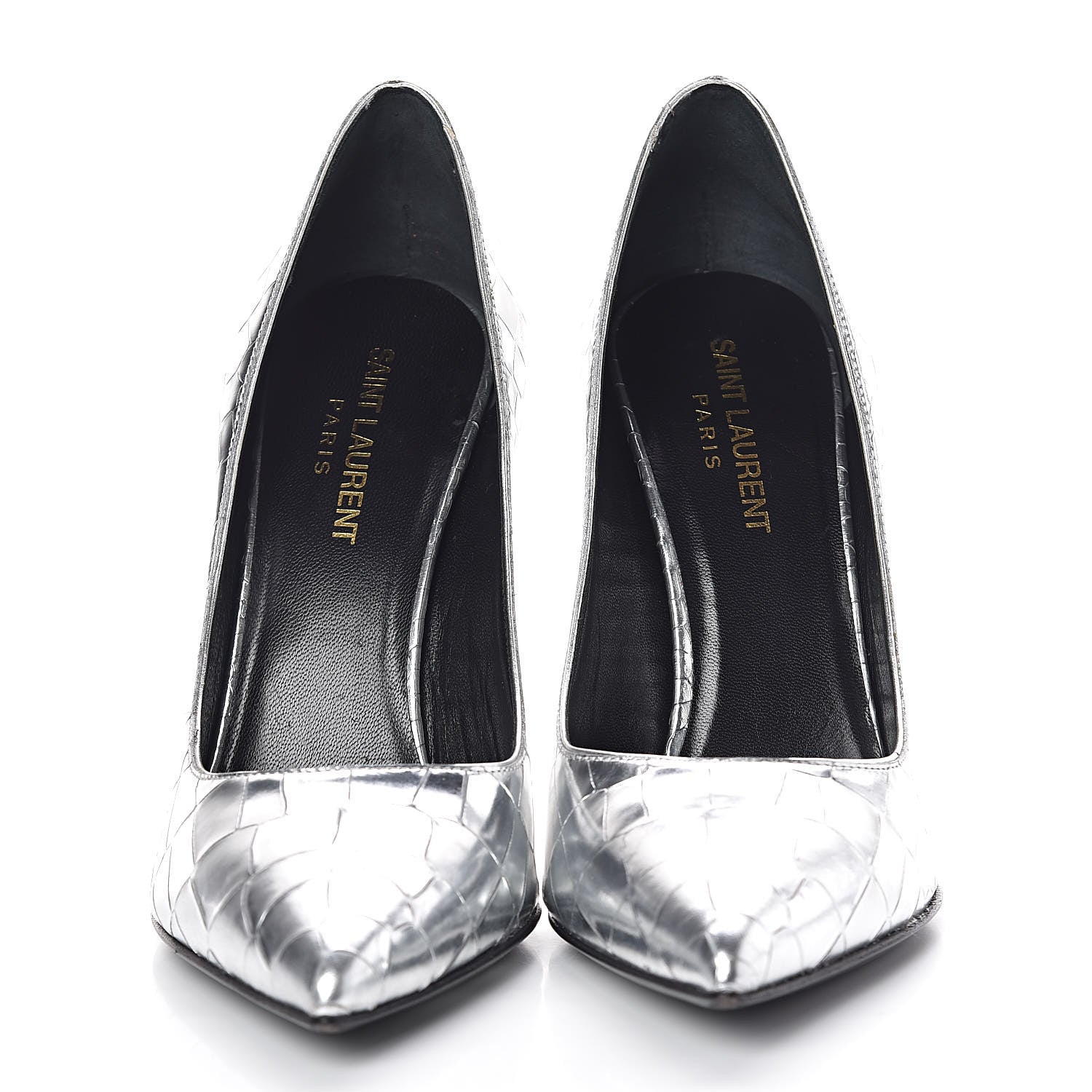 Saint Laurent Metallic Calfskin Crocodile Embossed Paris 105 Pumps 37.5 Silver Moon 2 of 8
