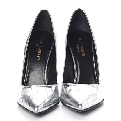 Saint Laurent Metallic Calfskin Crocodile Embossed Paris 105 Pumps 37.5 Silver Moon 2 of 8