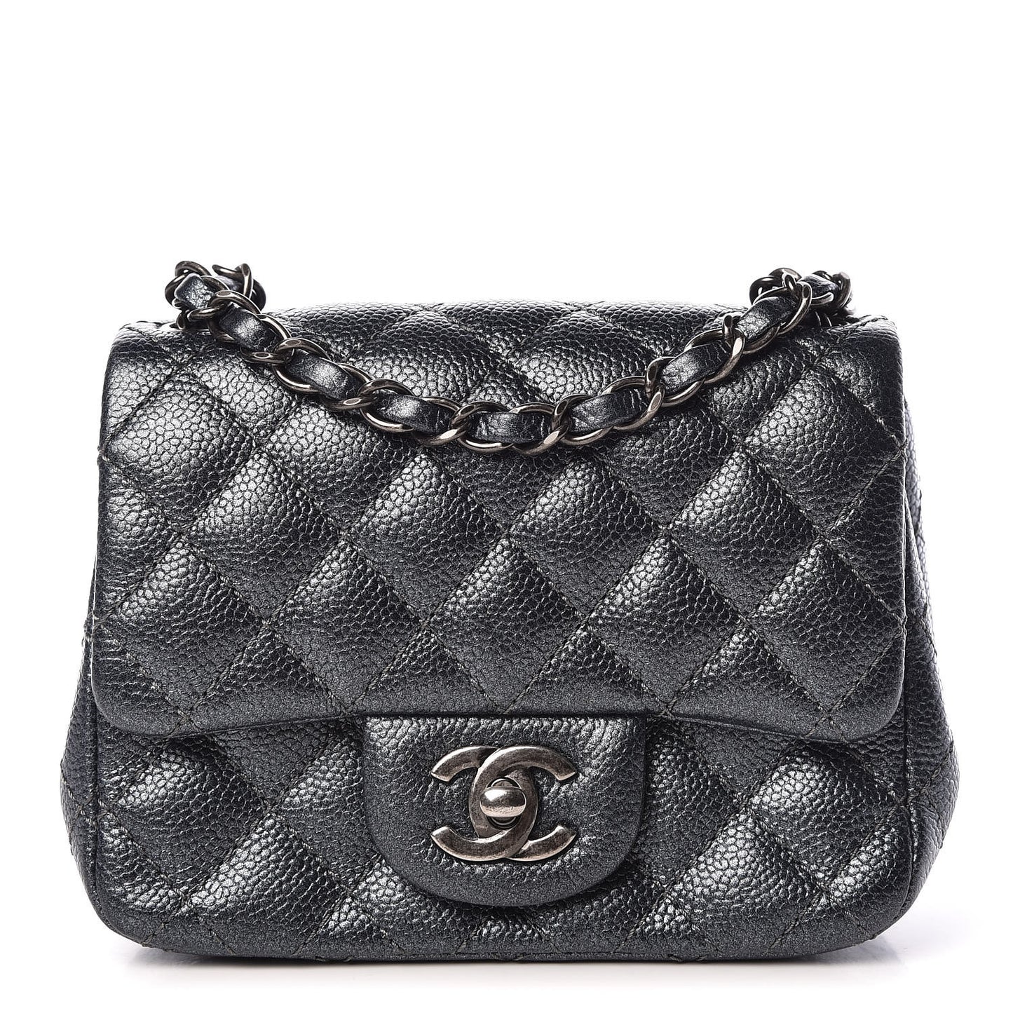 Metallic Caviar Quilted Mini Square Flap Dark Blue