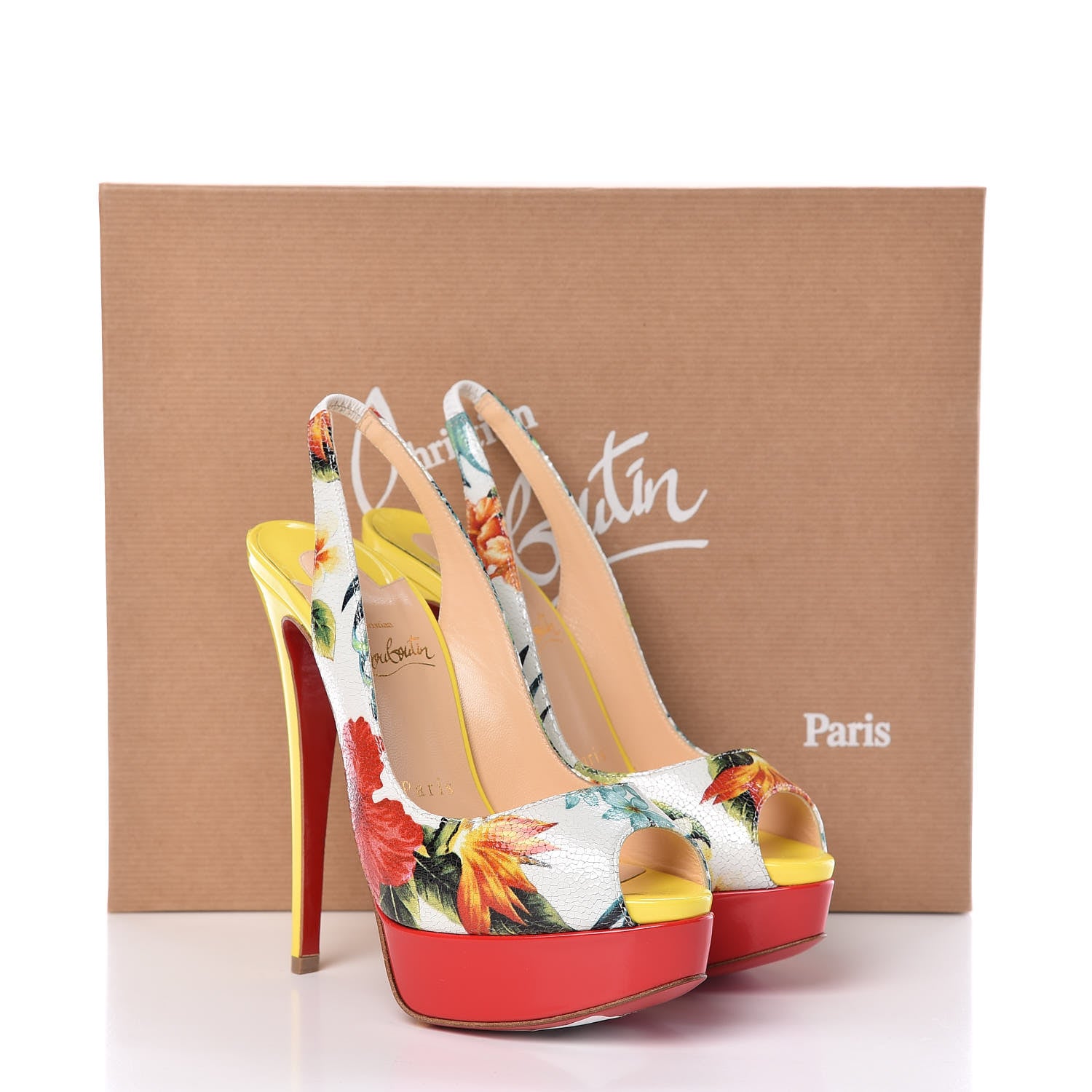 Christian Louboutin Crackled Calfskin Patent Hawaii Print Lady Peep Sling 150 Pumps 36 Version White 10 of 10
