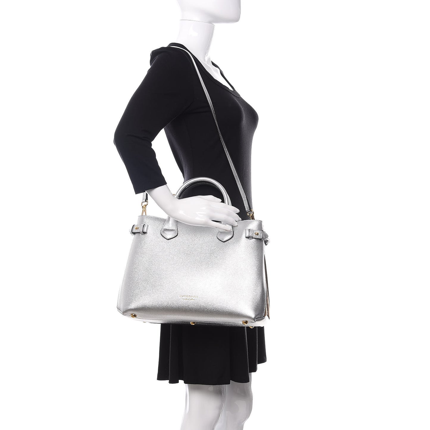 Metallic Grainy Calfskin House Check Medium Banner Tote Silver