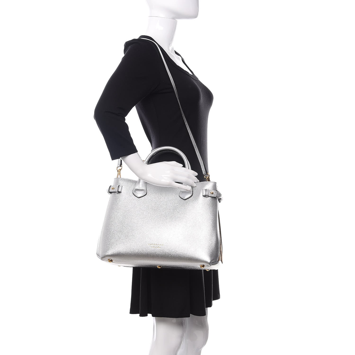 Burberry Metallic Grainy Calfskin House Check Medium Banner Tote Silver 2 of 12