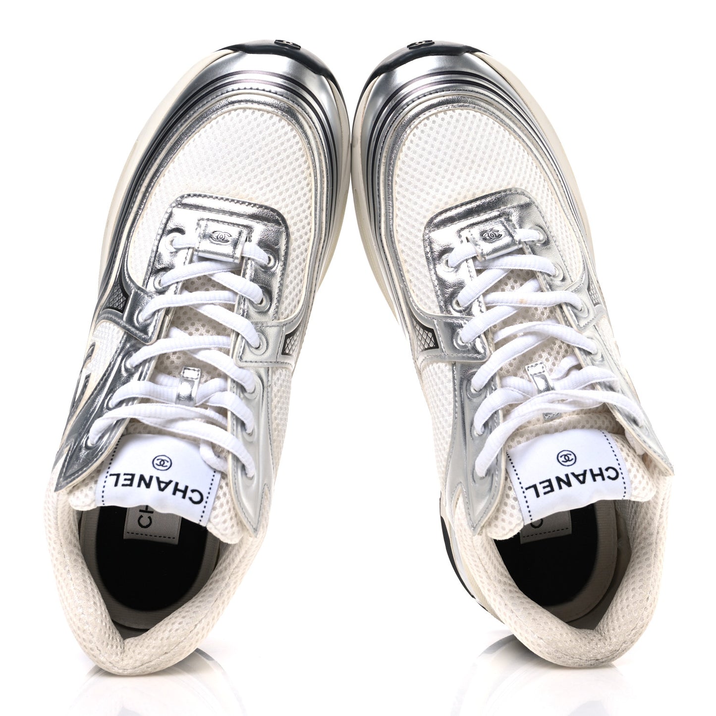 Fabric Laminated Calfskin Stretch CC Womens Sneakers 40 White Silver