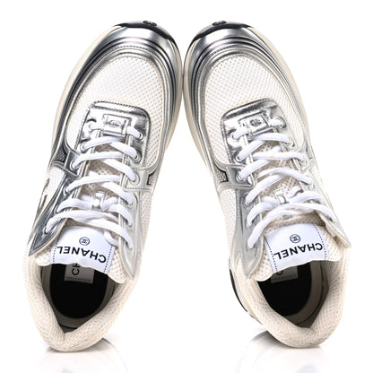 Chanel Fabric Laminated Calfskin Stretch CC Womens Sneakers 40 White Silver 2 of 13