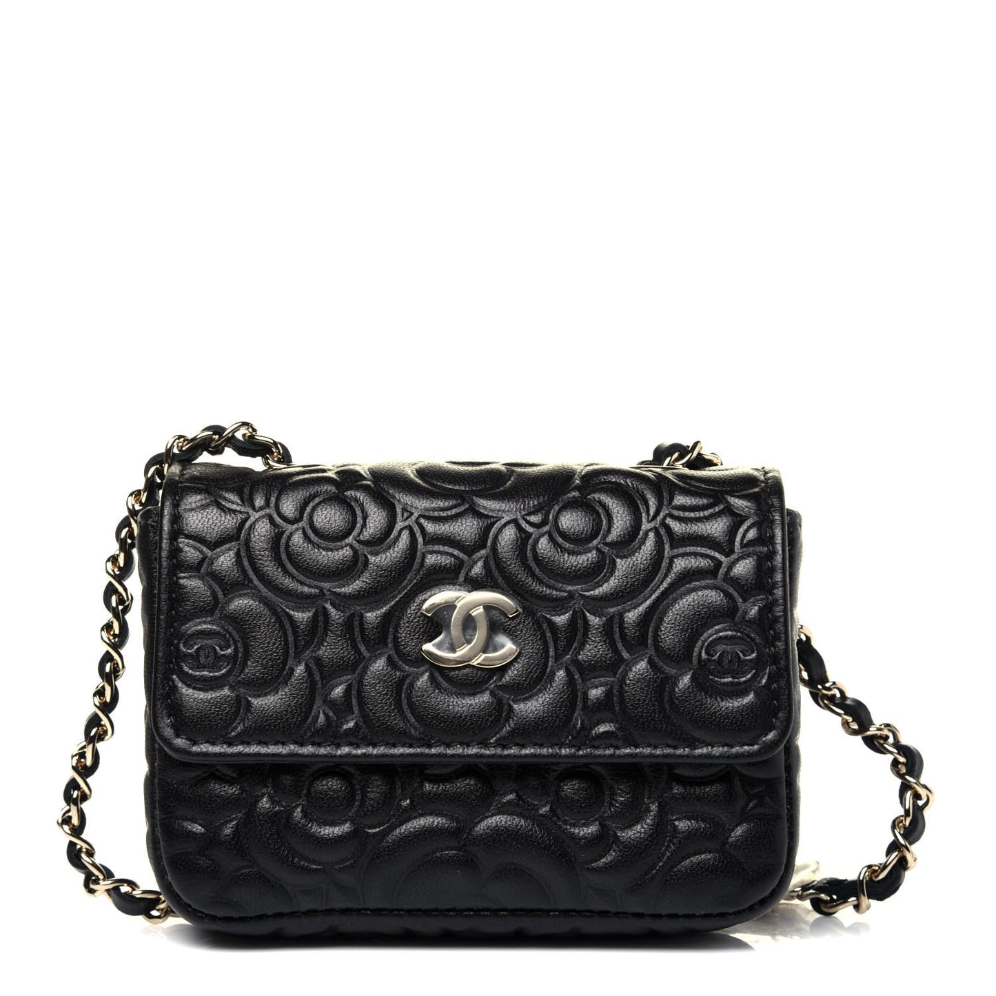 Lambskin Camellia Embossed Chain Belt Bag Black