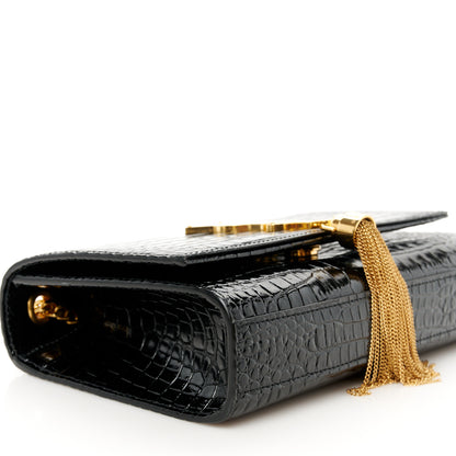 Saint Laurent Calfskin Crocodile Embossed Small Classic Monogram Kate Tassel Satchel Black 10 of 11