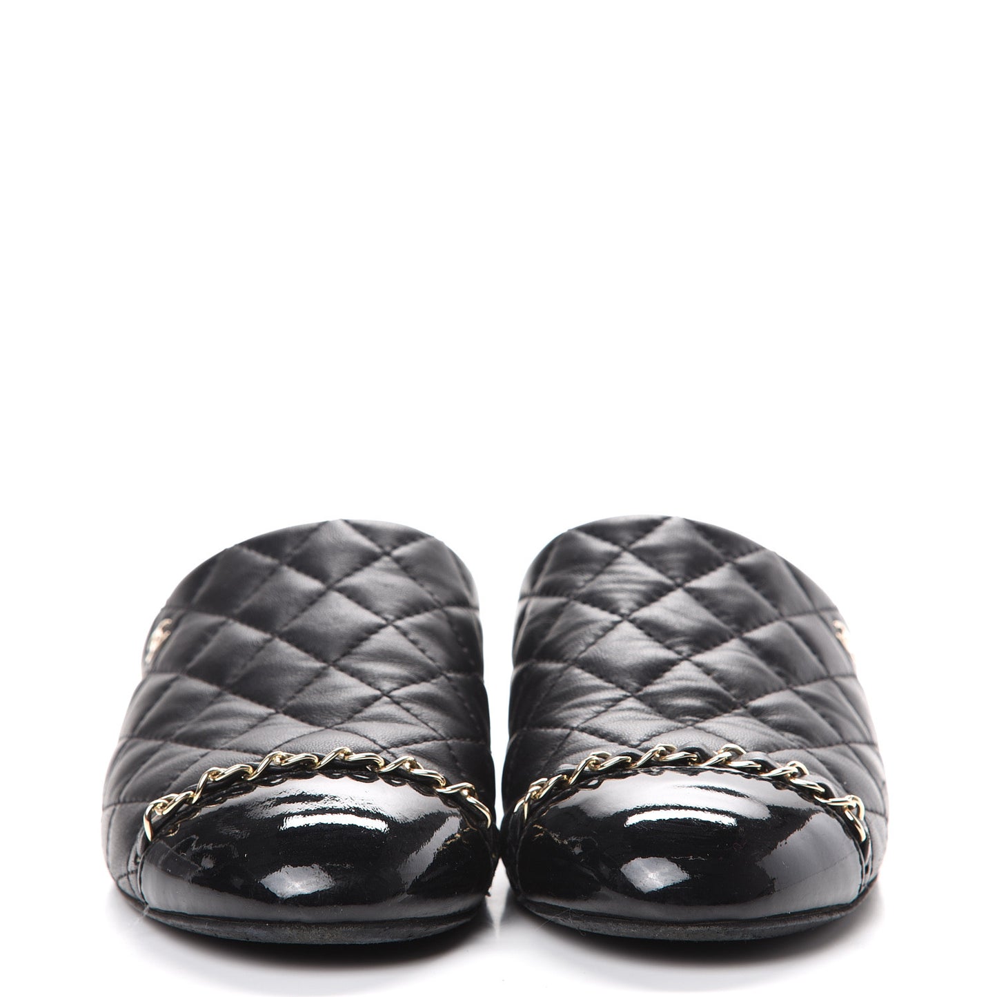 Lambskin Patent Quilted Chain Mules 38 Black