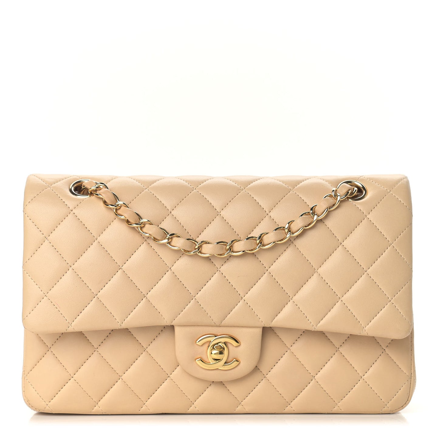 Lambskin Quilted Medium Double Flap Beige