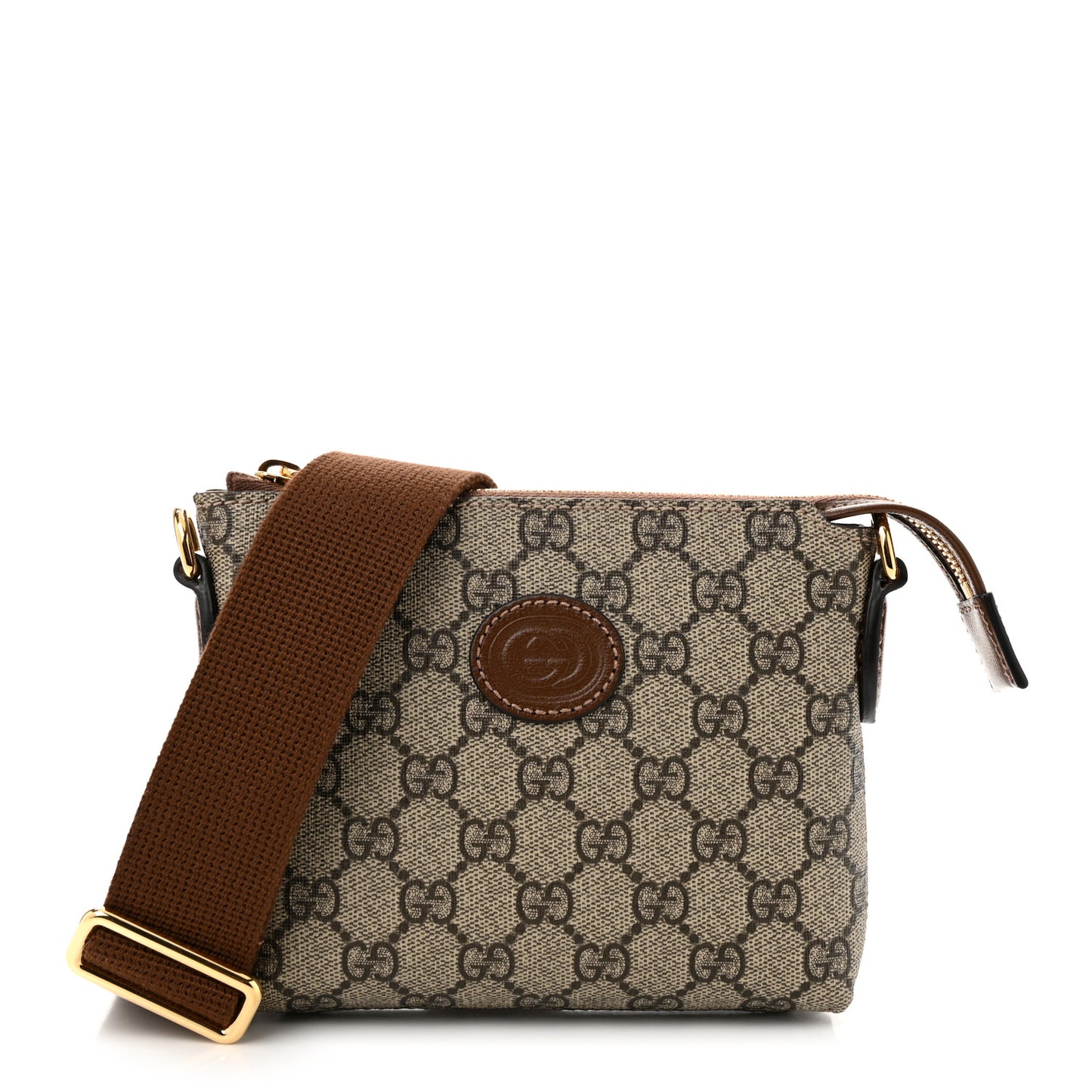 GG Supreme Monogram Azalea Calfskin Small Retro Interlocking G Wristlet Messenger Bag Beige Ebony Brown Sugar