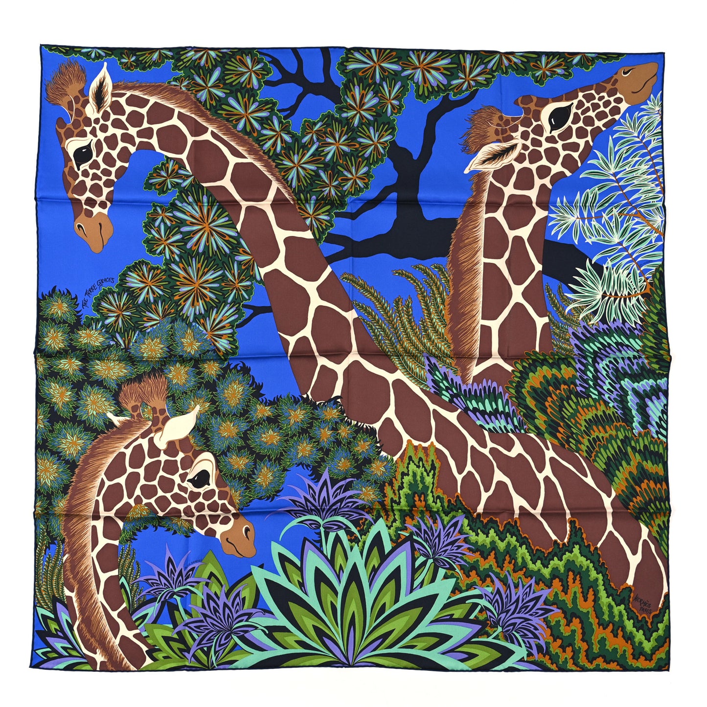 Silk The Three Graces Scarf 90 Bleu Vif Marron Vert