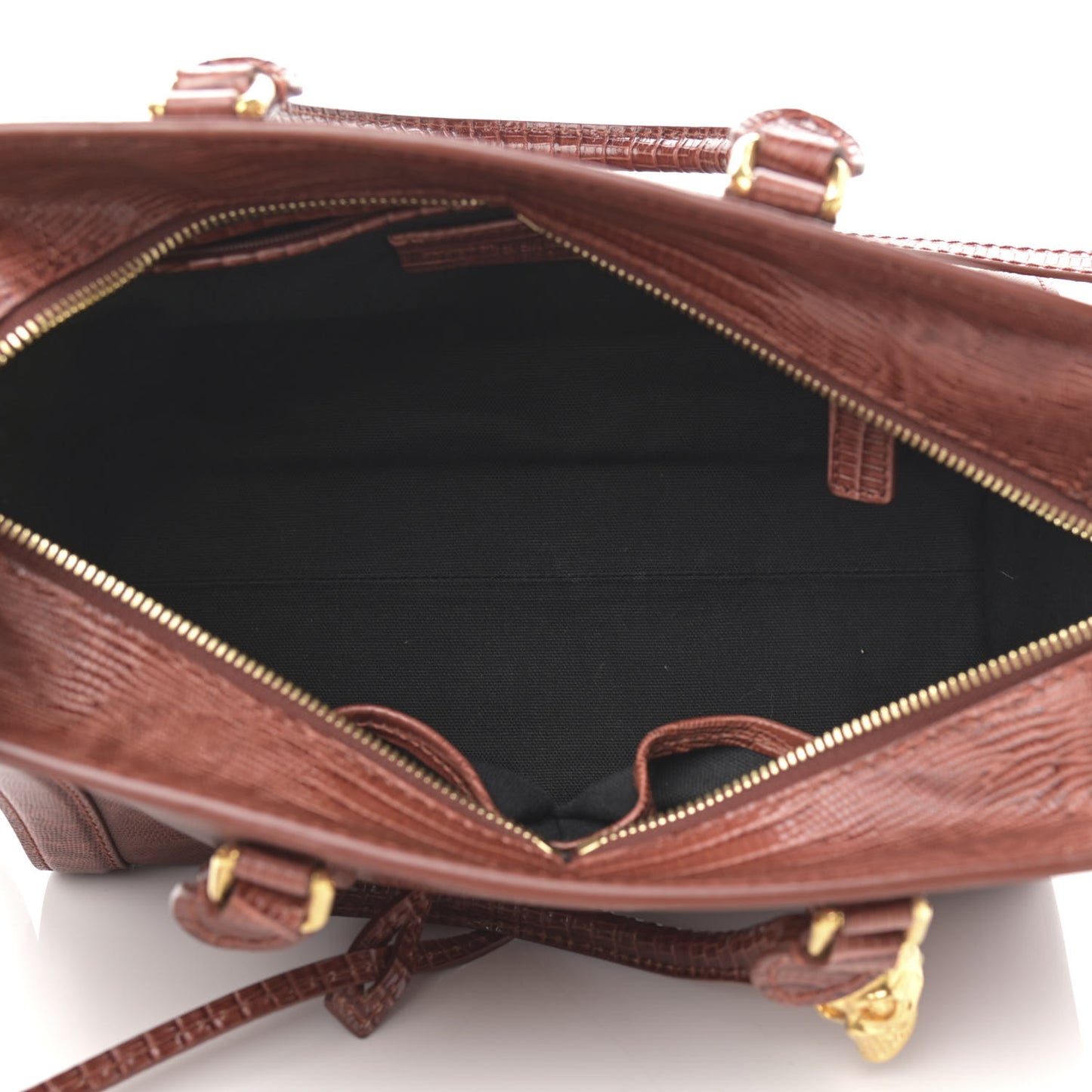 Calfskin Lizard Embossed Small Skull Padlock Zip Around Tote Brown
