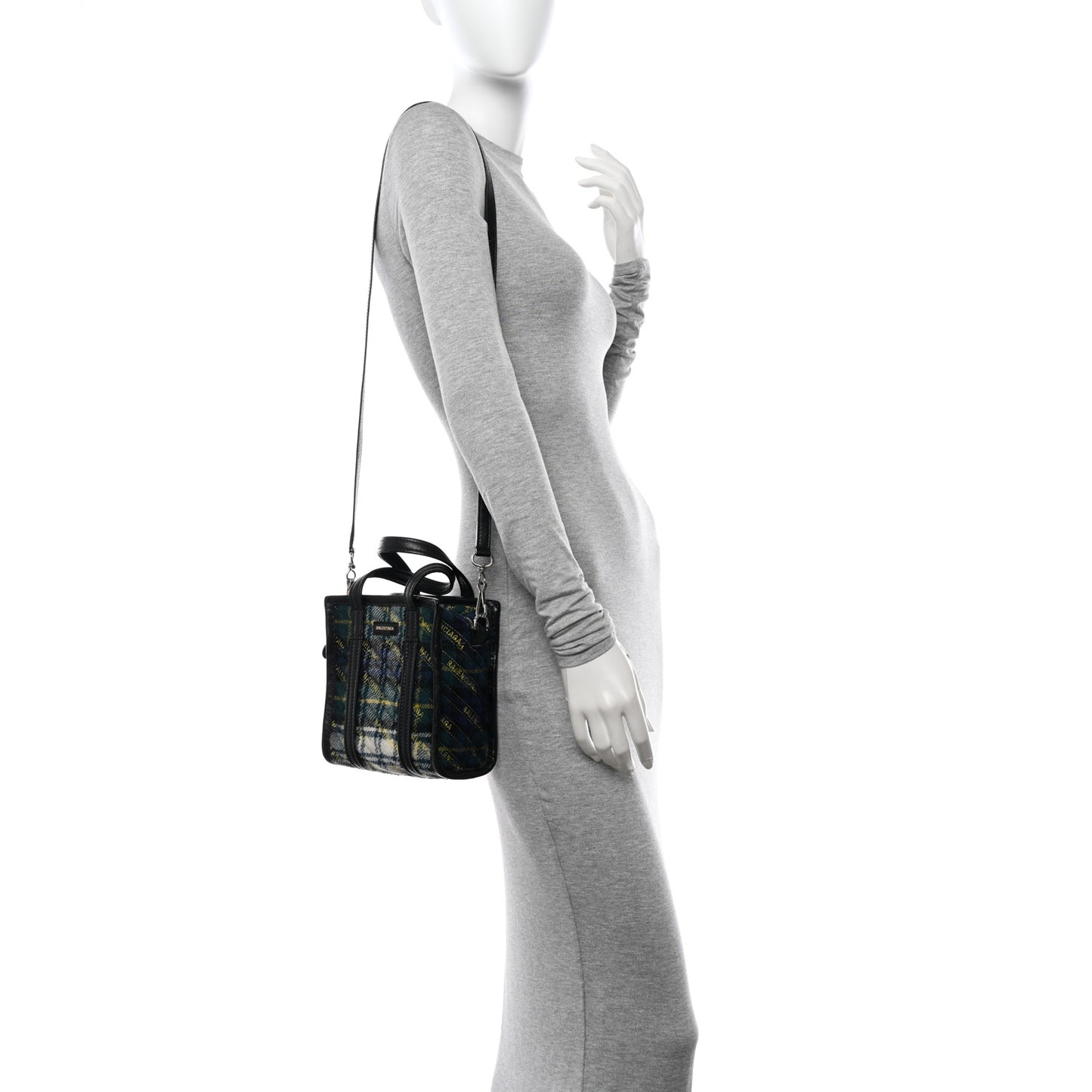 Wool Cuir Arena Plaid Diagonal Allover Logo Matelasse XXS Bazar Shopper Tote Green Blue Yellow
