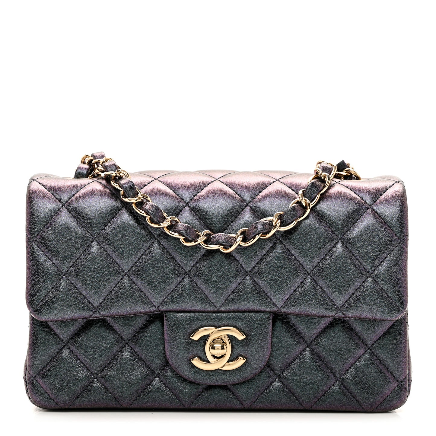 Iridescent Lambskin Quilted Mini Rectangular Flap Black