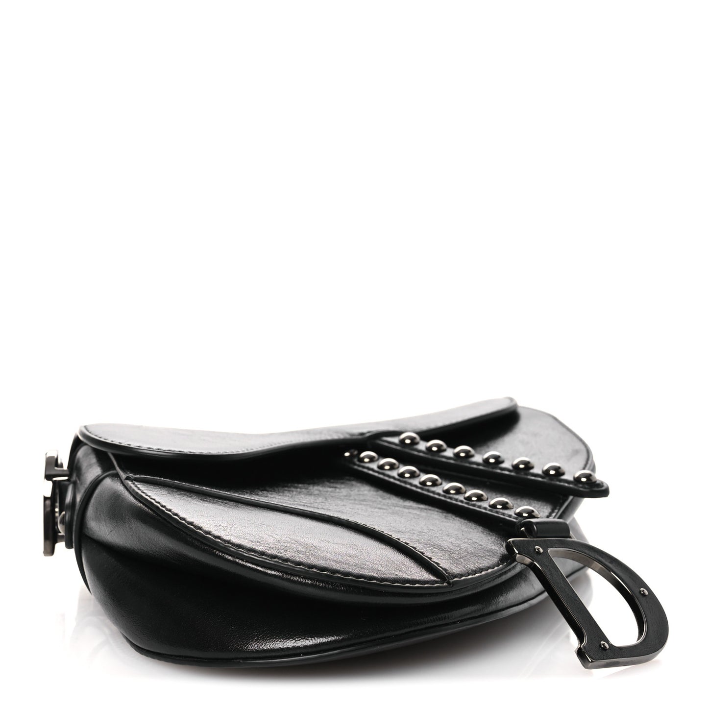 Shiny Crinkled Calfskin Studded Saddle Bag Black