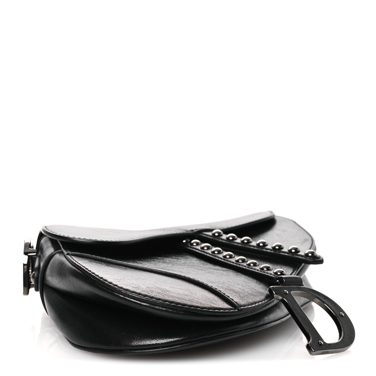 Christian Dior Shiny Crinkled Calfskin Studded Saddle Bag Black 4 of 12